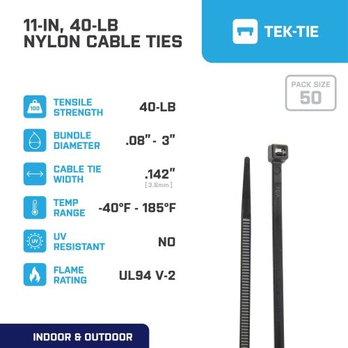 11-inch Black Multi-Purpose Cable Tie, 40-lb Tensile Strength, 50-Pack