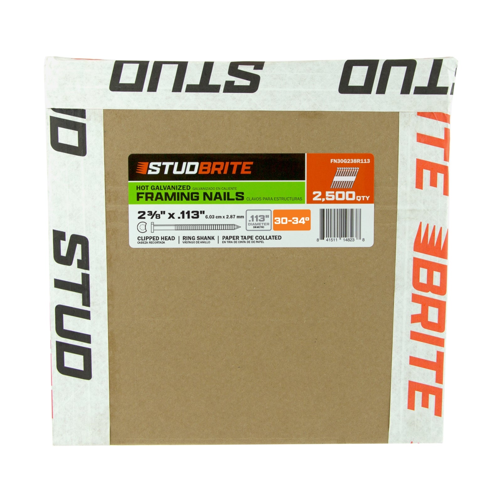 StudBrite 2-3/8 Inch x 0.113 Inch Gauge 30-34-Degree Hot Galvanized Ring Shank Paper-Tape Framing Nails 2,500 Per Box