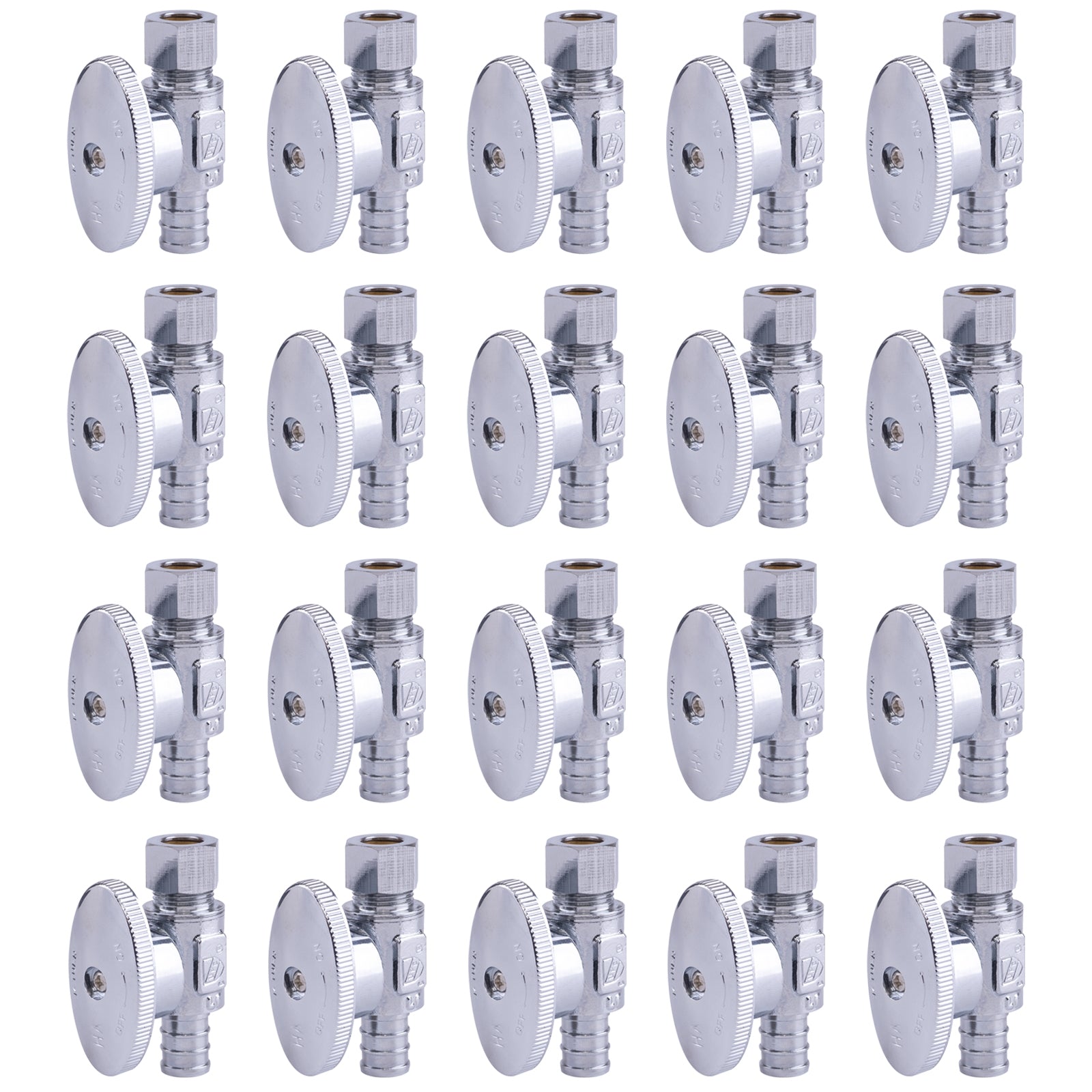 Hausen 1/2-inch PEX Barb x 3/8-inch Compression Outlet 1/4-Turn Straight Water Stop; Lead-Free Forged Brass; Chrome-Plated; cUPC/ANSI/NSF Certified; Compatible with PEX and Copper Piping, 20-Pack