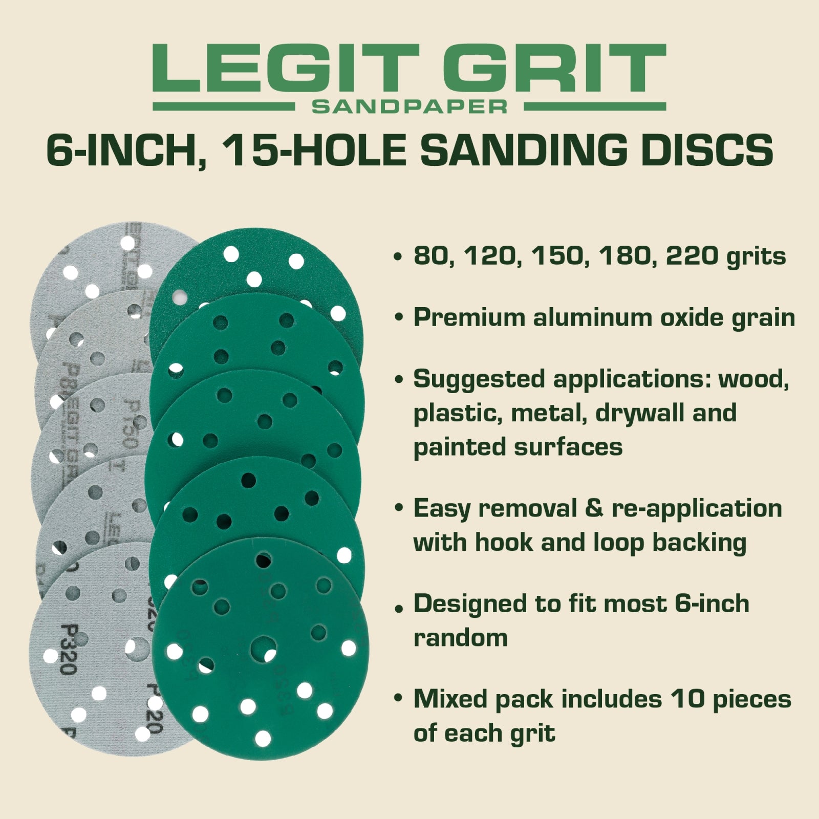 Legit Grit 6 inch Sand paper Disc, 15-Hole, Mixed Grit Variety Set - GRITS: 80/120/150/180/220 (10 of each) , 50 Pack