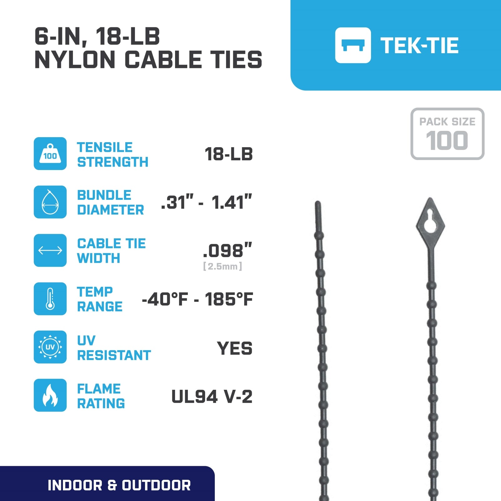 6-inch UV Resistant Black Beaded Cable Tie, 18-lb Tensile Strength, 100-Pack