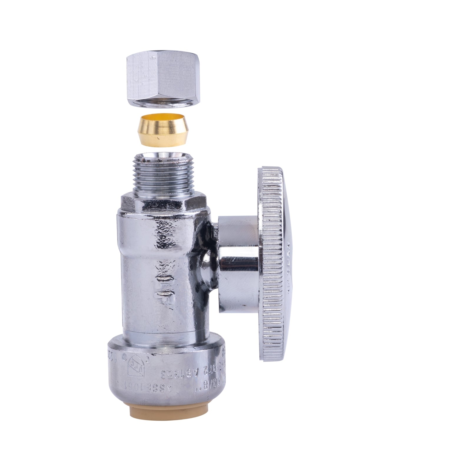 Hausen 1/2-inch Nominal Push Connect Inlet x 3/8-inch O.D. Compression Outlet 1/4-Turn Straight Water Stop; Lead-Free Forged Brass; Chrome-Plated; Compatible with Copper, CPVC and PEX Piping, 6-Pack