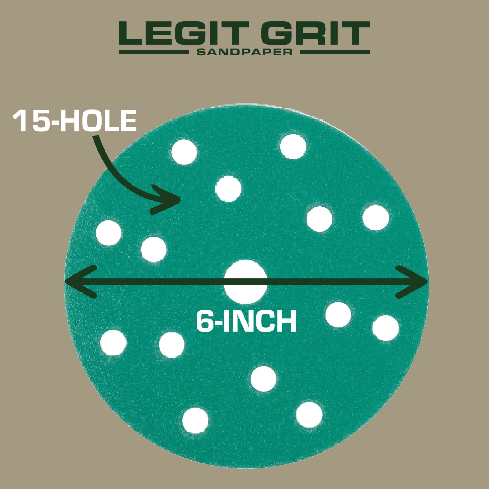 Legit Grit 6 inch Sand paper Disc, 15-Hole, Mixed Grit Variety Set - GRITS: 80/120/150/180/220 (10 of each) , 50 Pack