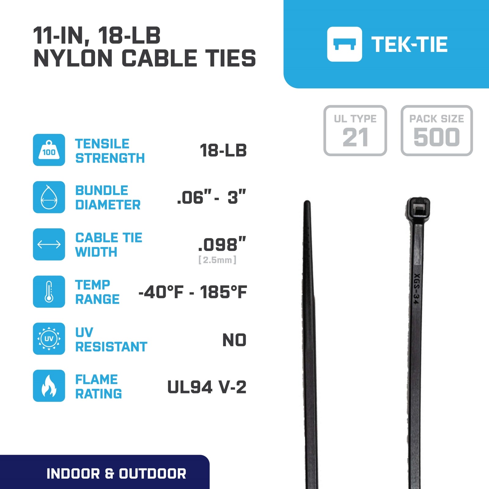 11-inch Black Multi-Purpose Cable Tie, 18-lb Tensile Strength, UL 21 Listed, 500-Pack