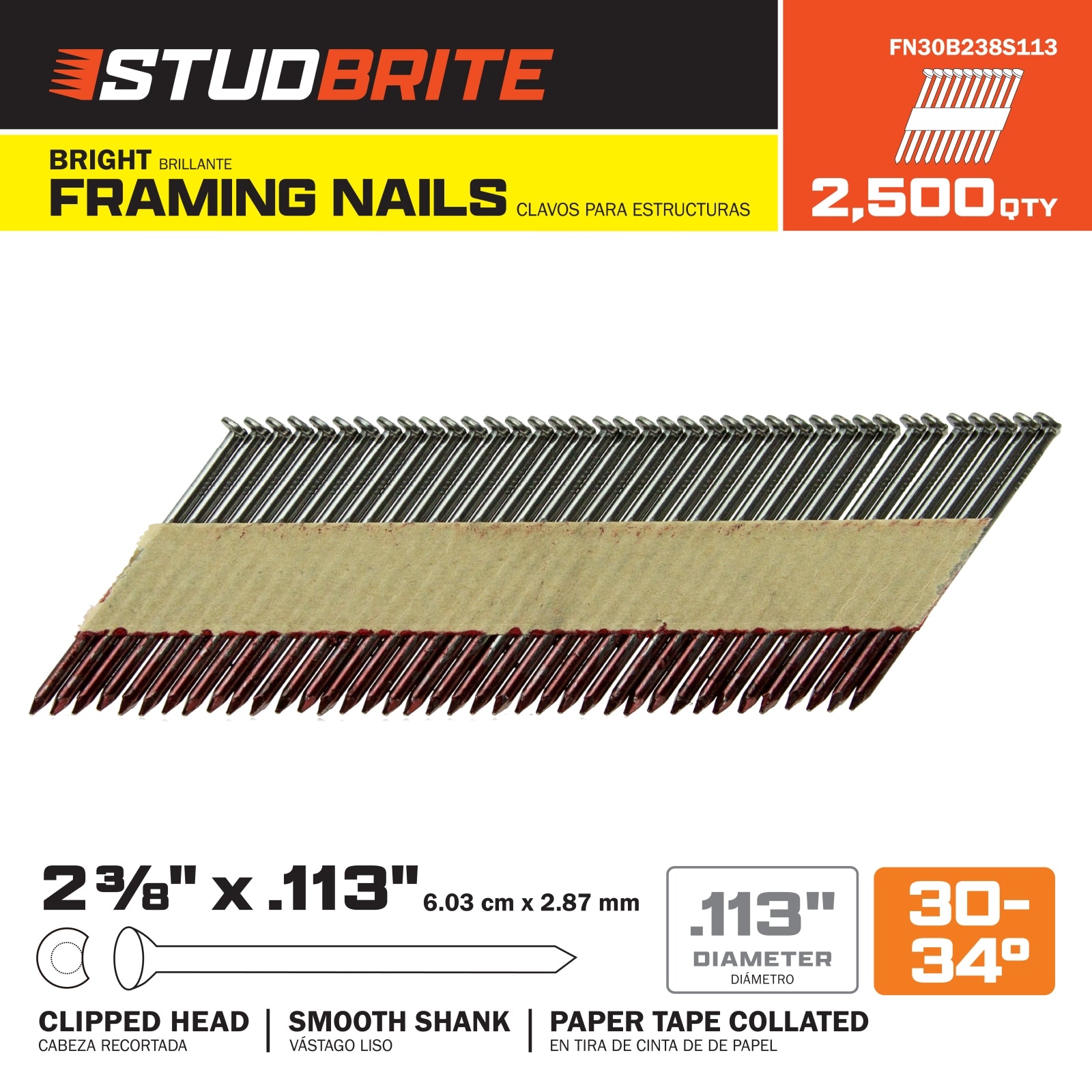 StudBrite 2-3/8 Inch x 0.113 Inch Gauge 30-34-Degree Bright Smooth Shank Paper-Tape Framing Nails 2,500 Per Box