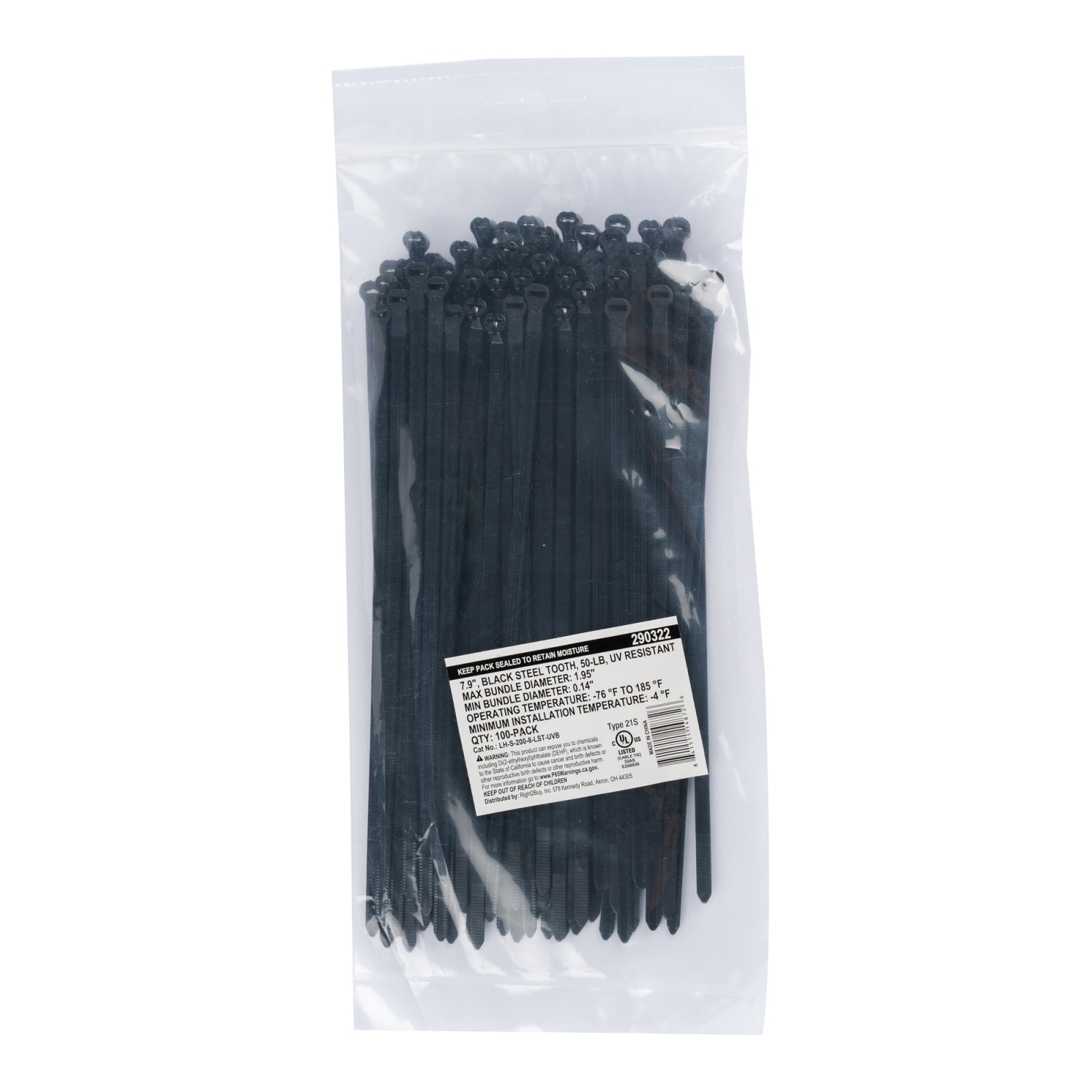 7.9-inch UV Resistant Black Steel Tooth Cable Ties, 50-lb Tensile Strength, UL 21S Listed, 100-Pack