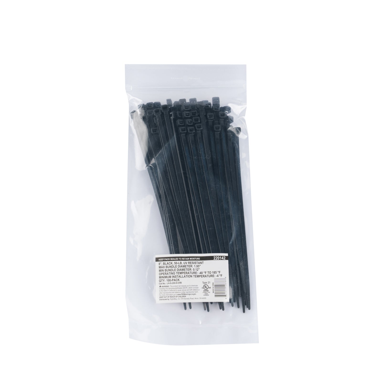 8-inch UV Resistant Black Multi-Purpose Cable Tie, 50-lb Tensile Strength, UL 21S Listed, 100-Pack