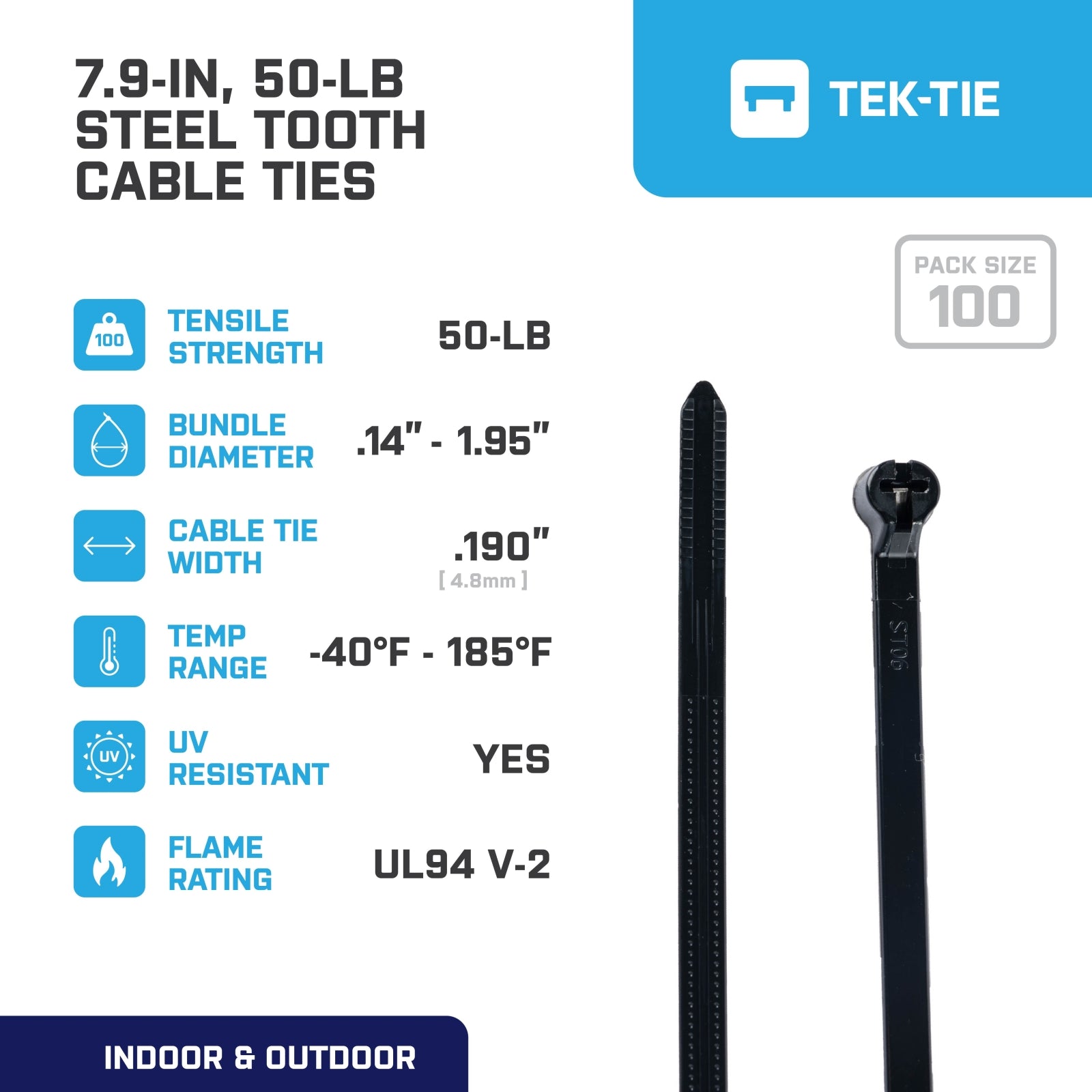 7.9-inch UV Resistant Black Steel Tooth Cable Ties, 50-lb Tensile Strength, UL 21S Listed, 100-Pack