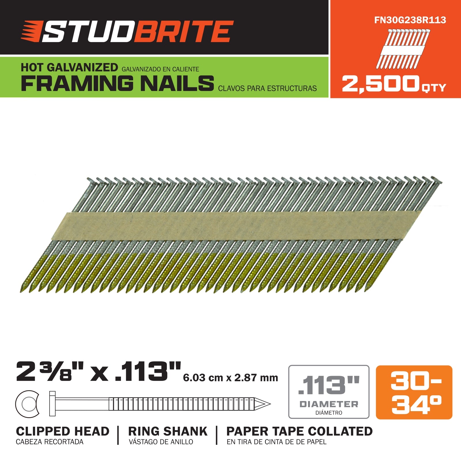 StudBrite 2-3/8 Inch x 0.113 Inch Gauge 30-34-Degree Hot Galvanized Ring Shank Paper-Tape Framing Nails 2,500 Per Box