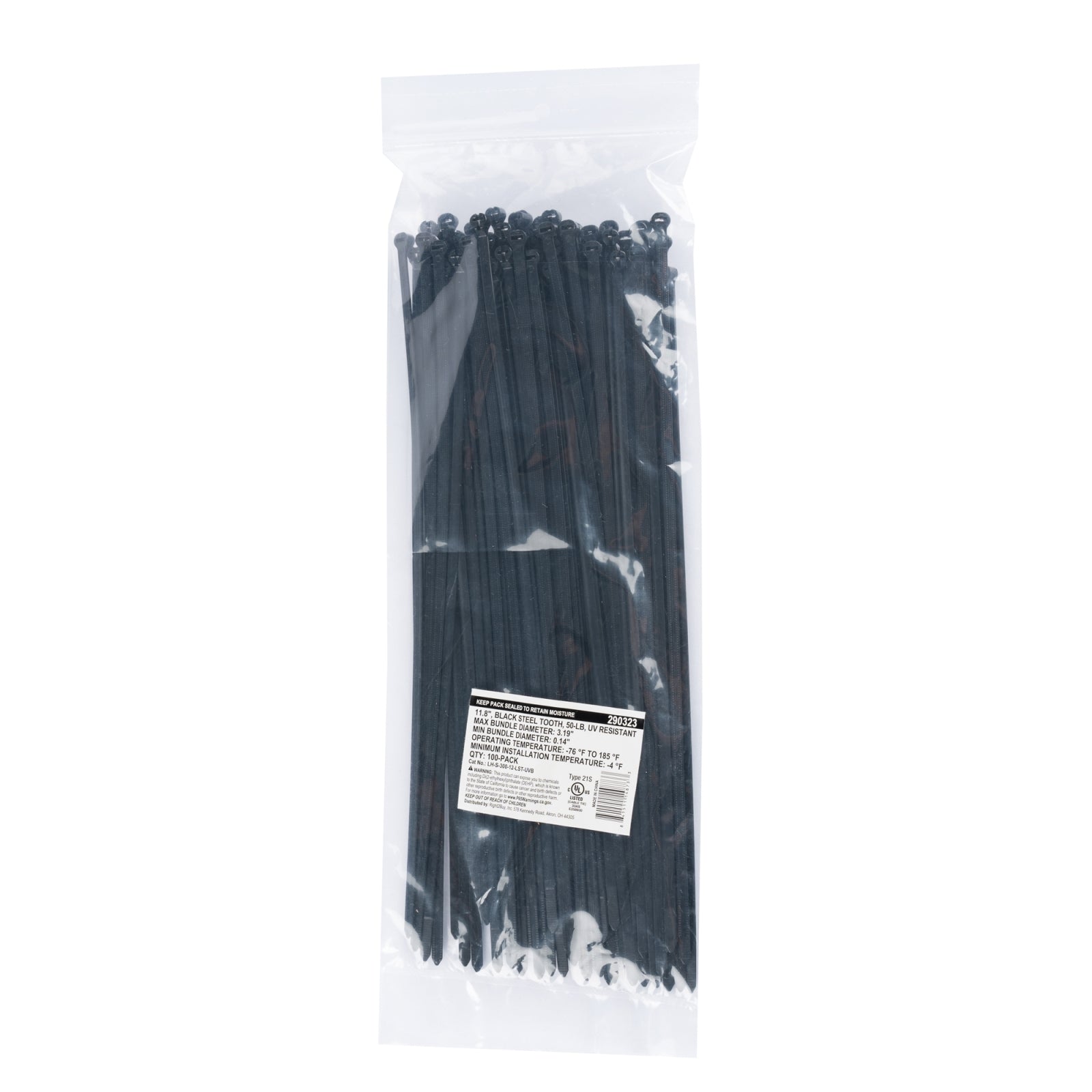 11.8-inch UV Resistant Black Steel Tooth Cable Ties, 50-lb Tensile Strength, UL 21S Listed, 100-Pack