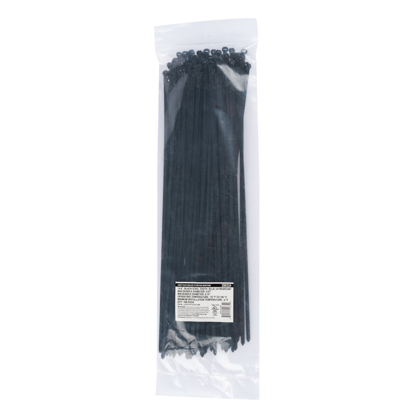 14.6-inch UV Resistant Black Steel Tooth Cable Ties, 50-lb Tensile Strength, UL 21S Listed, 100-Pack