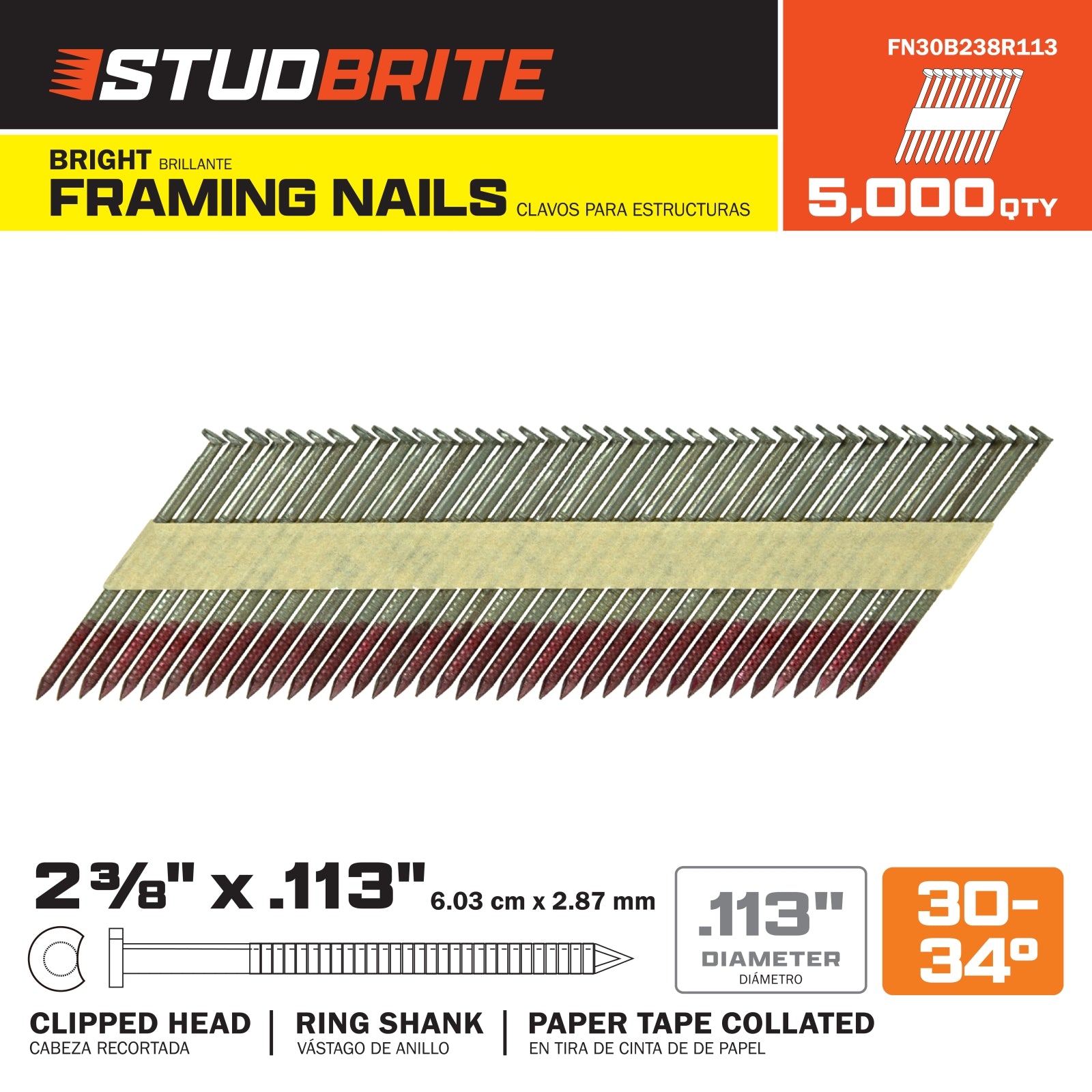 StudBrite 2-3/8 Inch x 0.113 Inch Gauge 30-34-Degree Bright Ring Shank Paper-Tape Framing Nails 5,000 Per Box