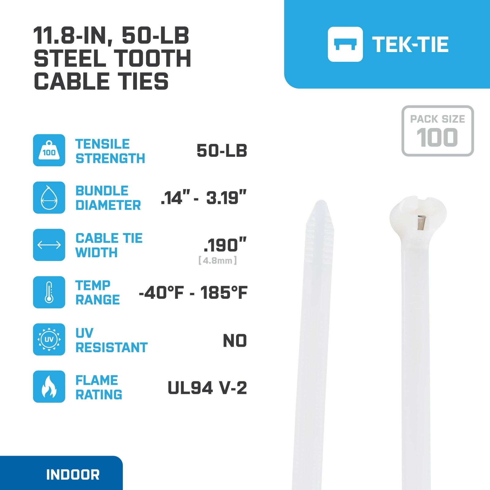 11.8-inch Natural Steel Tooth Cable Ties, 50-lb Tensile Strength, UL 21S Listed, 100-Pack