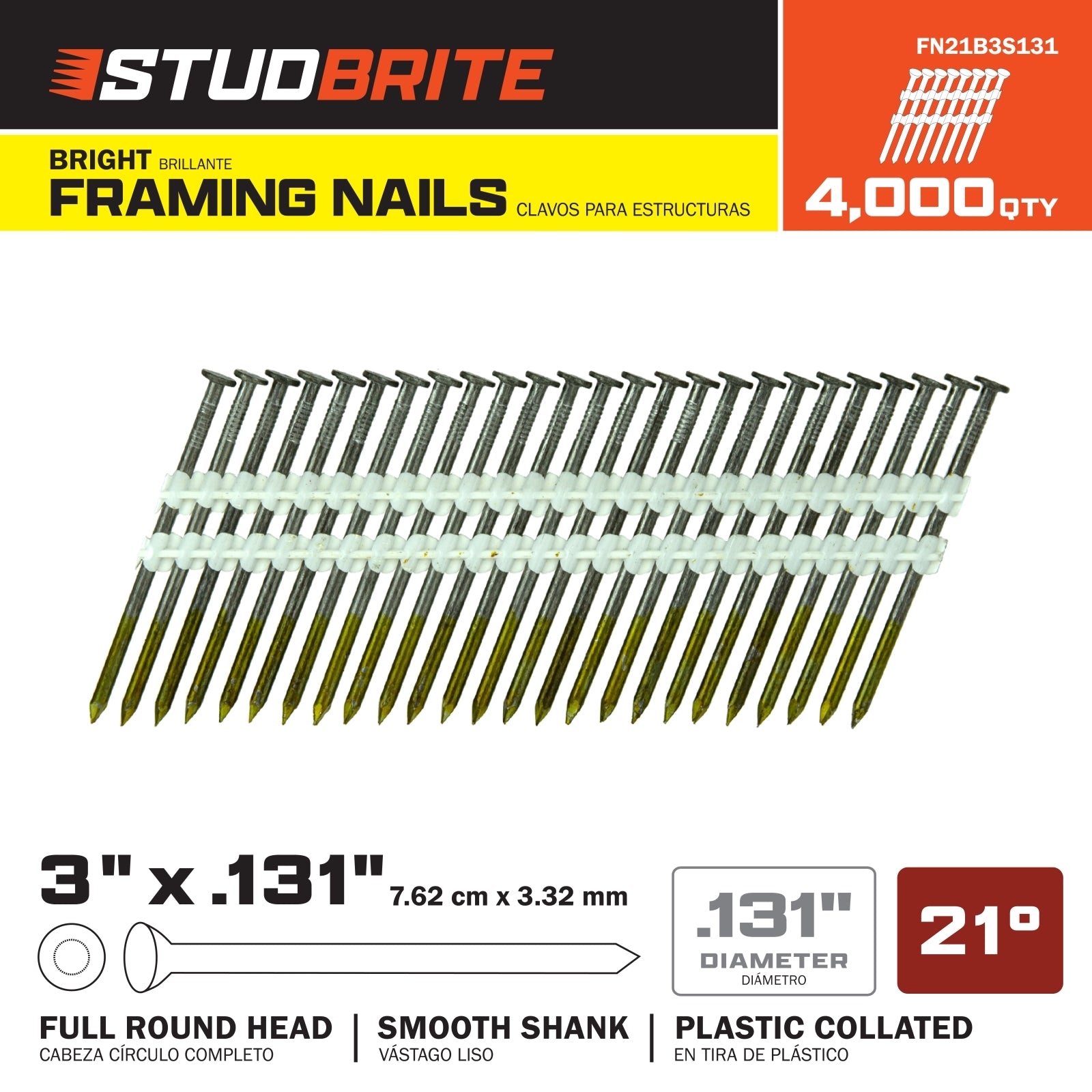 StudBrite 3 Inch x 0.131 Inch Gauge 21-Degree Bright Smooth Shank Plastic Collated Framing Nails 4,000 Per Box