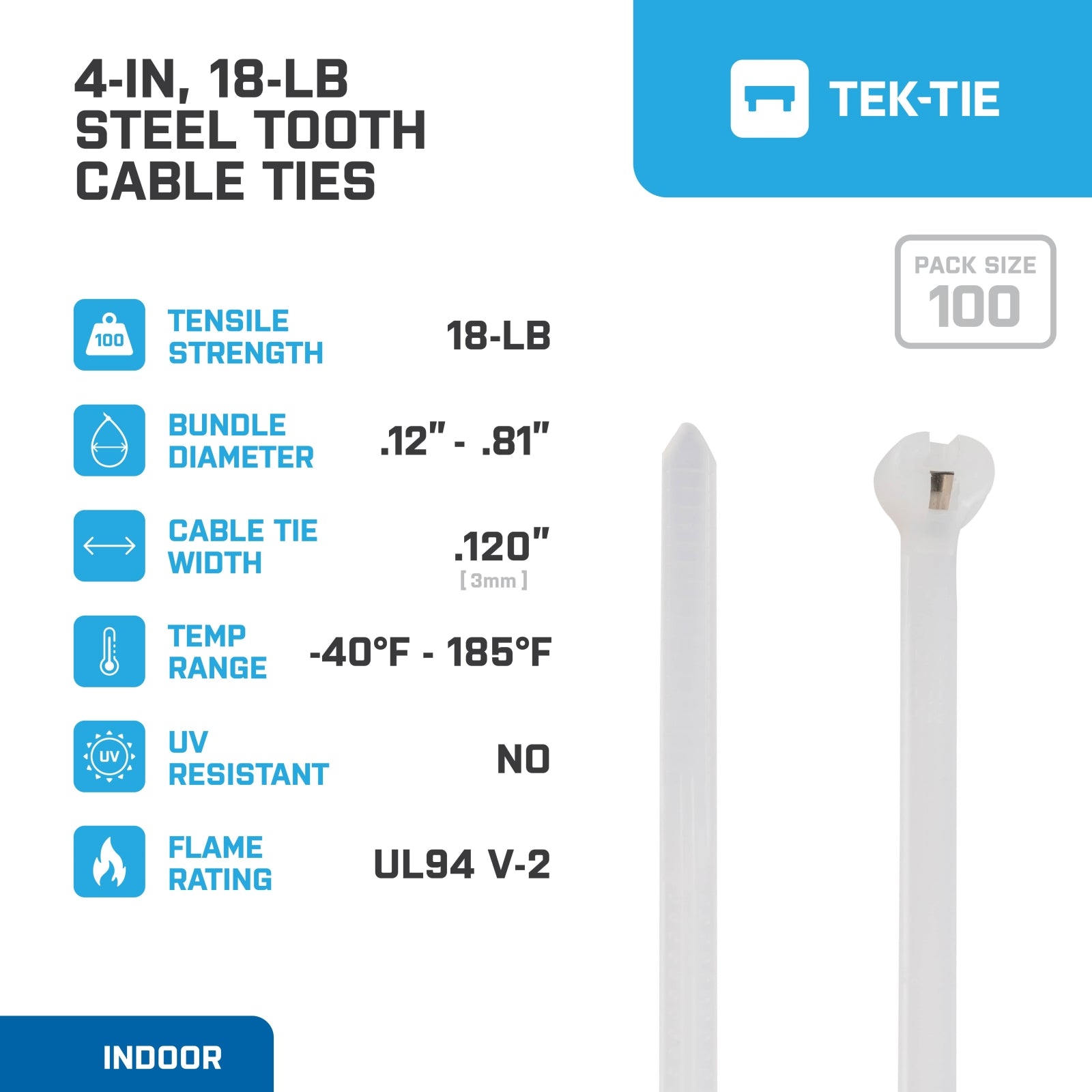 4-inch Natural Steel Tooth Cable Ties, 18-lb Tensile Strength, UL 21 Listed, 100-Pack