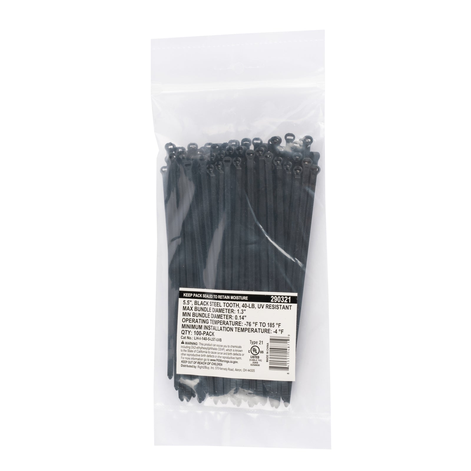 5.5-inch UV Resistant Black Steel Tooth Cable Ties, 40-lb Tensile Strength, UL 21 Listed 100-Pack