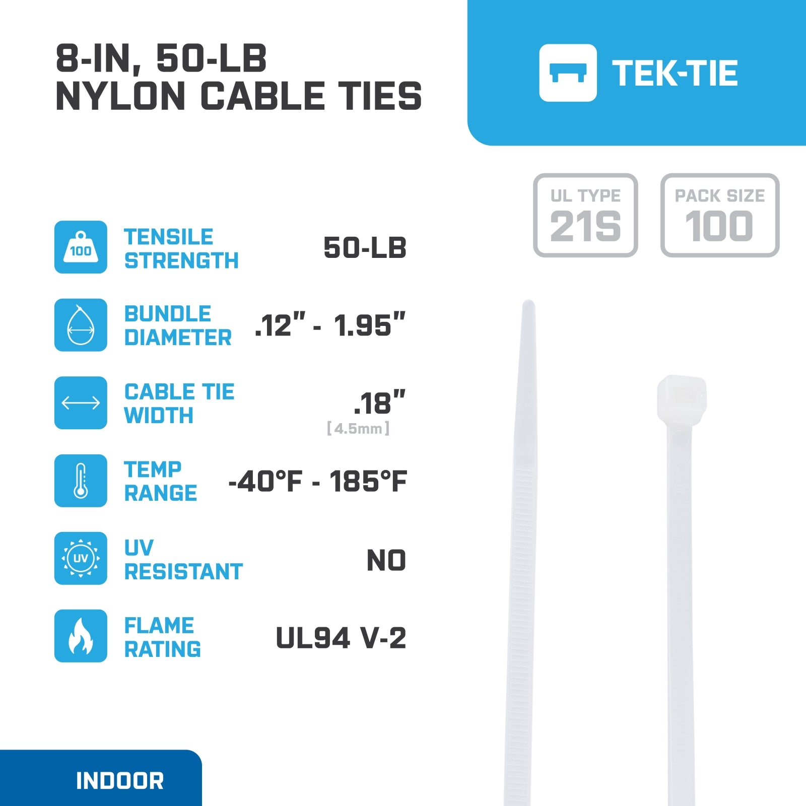 8-inch Natural Multi-Purpose Cable Tie, 50-lb Tensile Strength, UL 21S Listed, 100-Pack