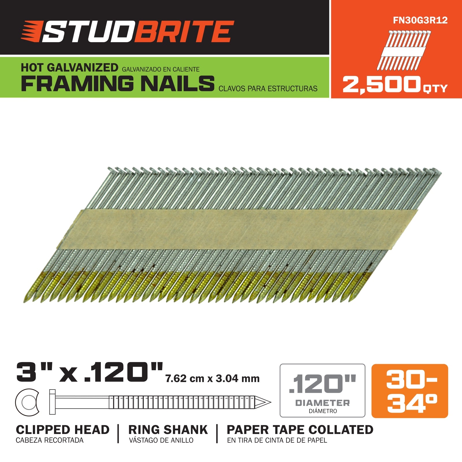 StudBrite 3 Inch x 0.120 Inch 30-34-Degree Hot Galvanized Ring Shank Paper-Tape Framing Nails 2,500 Per Box