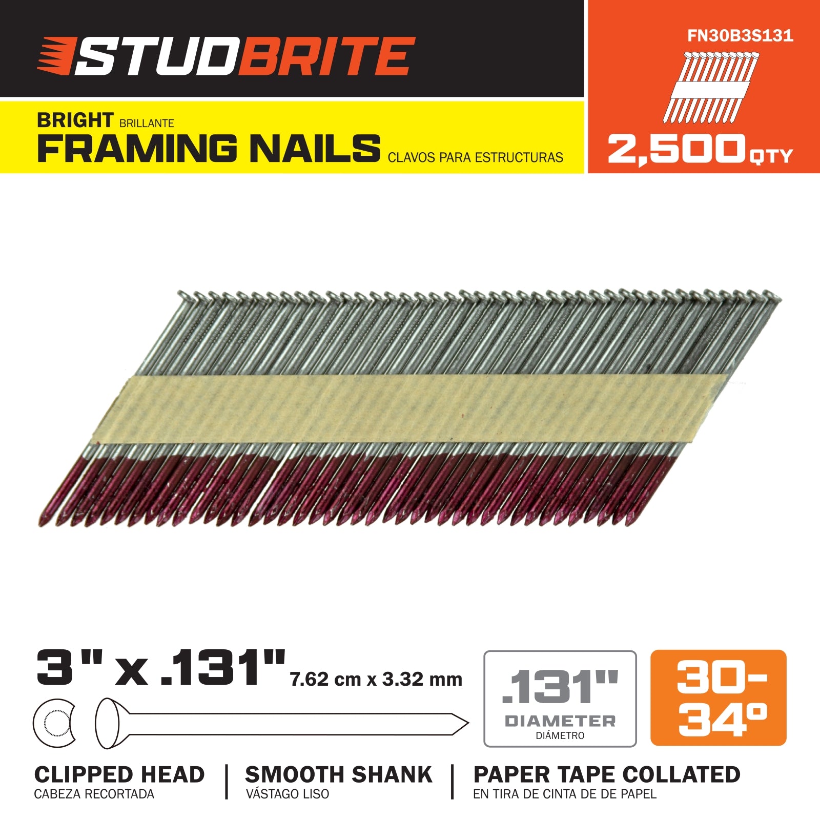 StudBrite 3 Inch x 0.131 Inch Gauge 30-34-Degree Bright Smooth Shank Paper-Tape Framing Nails 2,500 Per Box