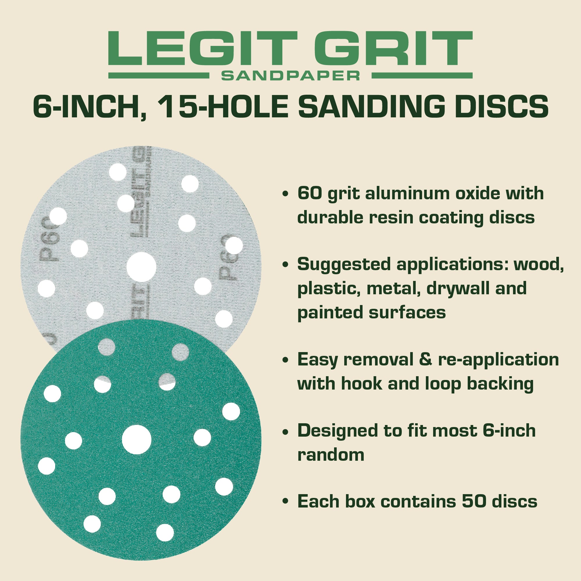 Legit Grit 6 inch Sand paper Disc, 15-Hole