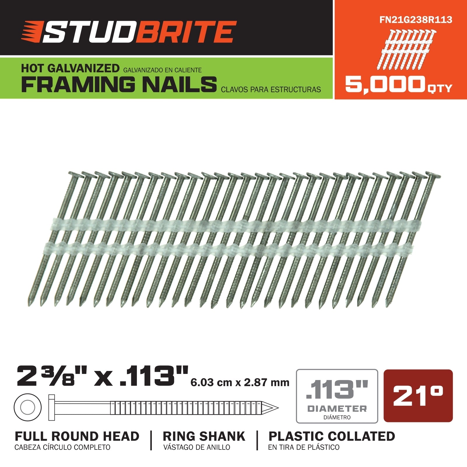 StudBrite 2-3/8 Inch x 0.113 Inch Gauge 21-Degree Hot Galvanized Ring Shank Plastic Collated Framing Nails 5,000 Per Box