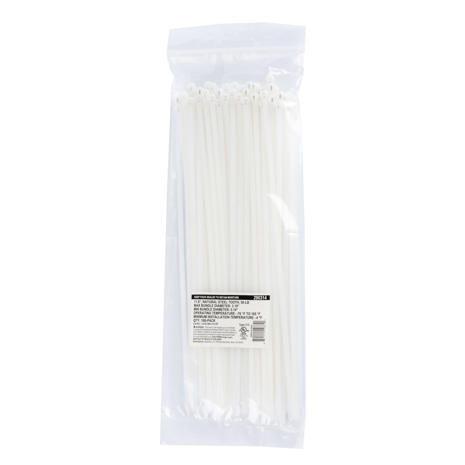 11.8-inch Natural Steel Tooth Cable Ties, 50-lb Tensile Strength, UL 21S Listed, 100-Pack