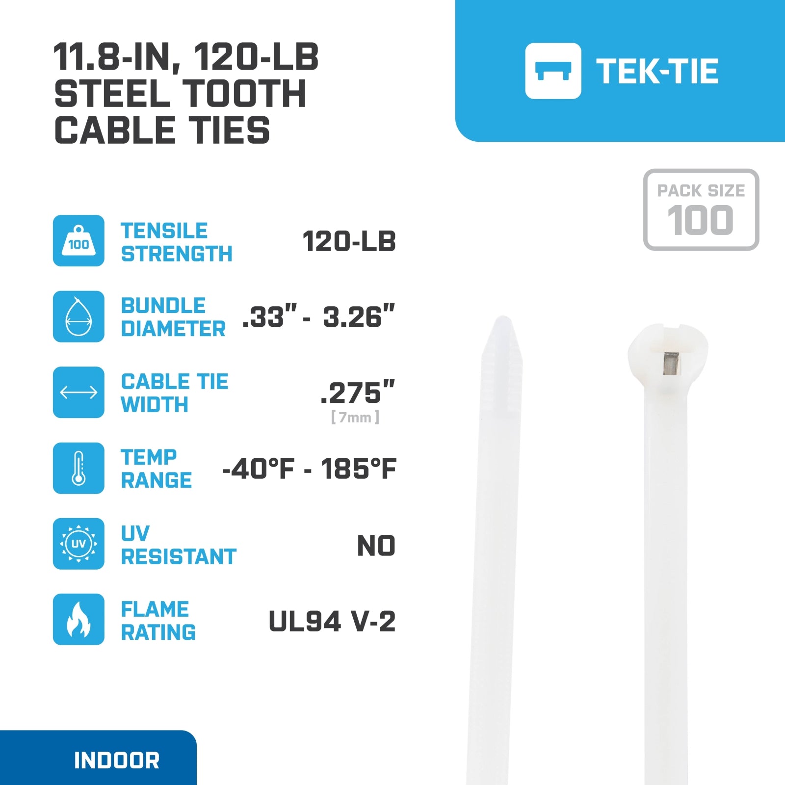 11.8-inch Natural Steel Tooth Cable Ties, 120-lb Tensile Strength, UL 21S Listed, 100-Pack