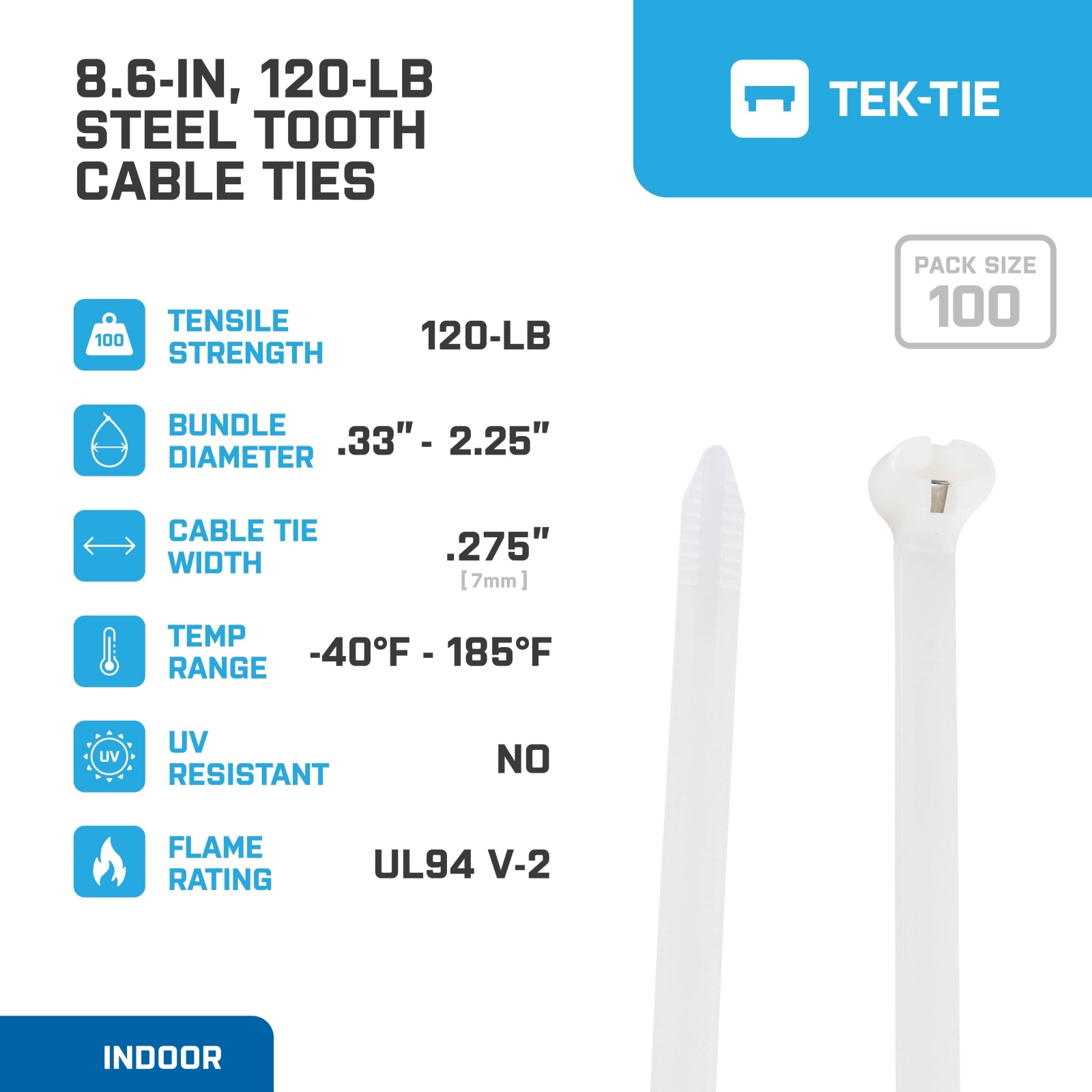 8.6-inch Natural Steel Tooth Cable Ties, 120-lb Tensile Strength, UL 21S Listed, 100-Pack