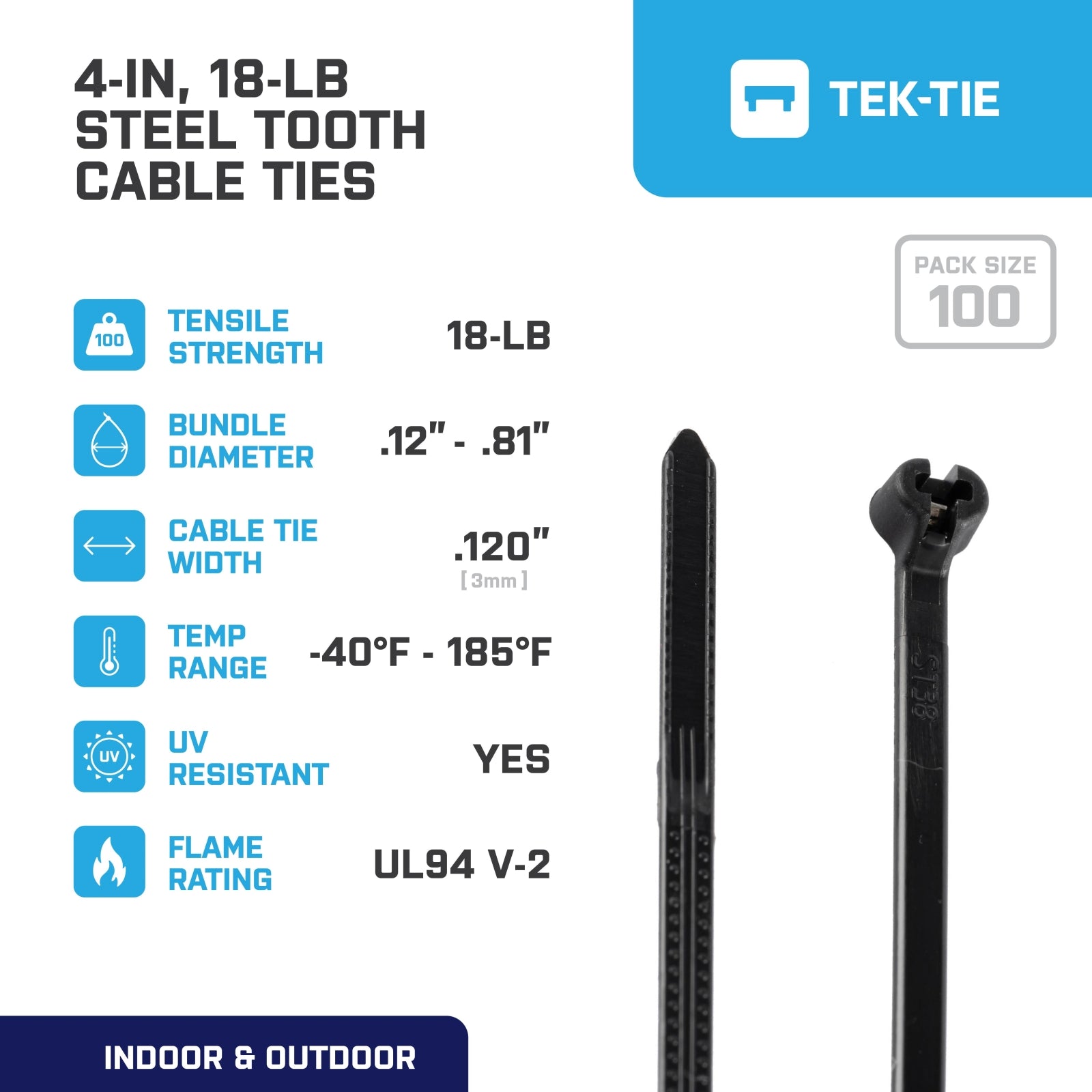 4-inch UV Resistant Black Steel Tooth Cable Ties, 18-lb Tensile Strength, UL 21 Listed, 100-Pack