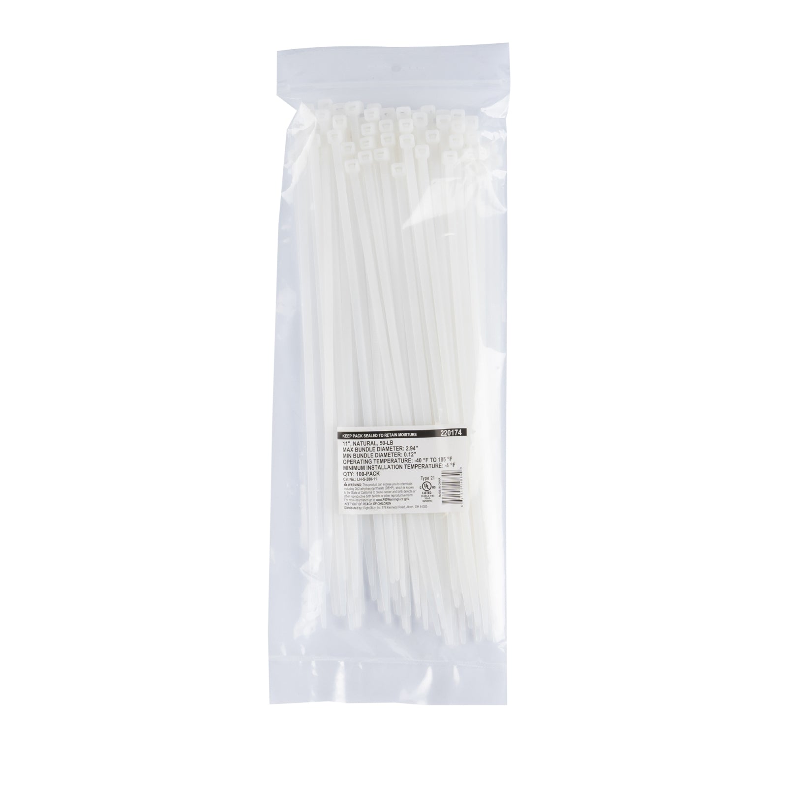 11-inch Natural Multi-Purpose Cable Tie, 50-lb Tensile Strength, UL 21S Listed, 100-Pack