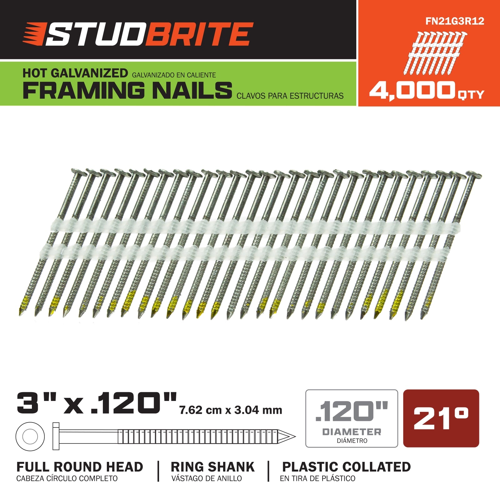 StudBrite 3 Inch x 0.120 Inch 21-Degree Hot Galvanized Ring Shank Plastic Collated Framing Nails 4,000 Per Box