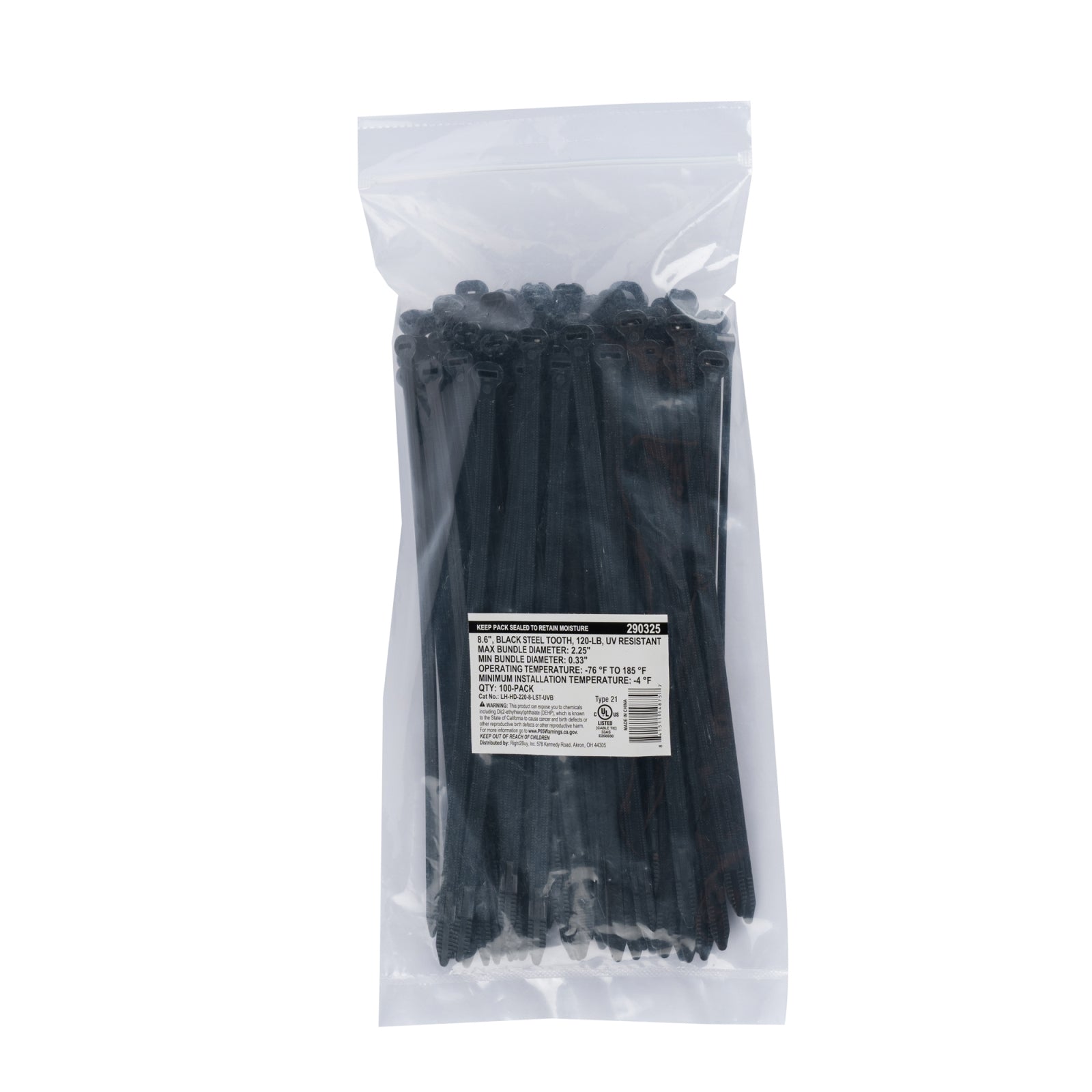 8.6-inch UV Resistant Black Steel Tooth Cable Ties, 120-lb Tensile Strength, UL 21S Listed, 100-Pack