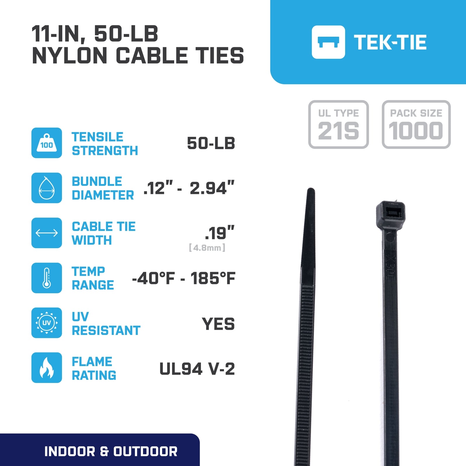 11-inch UV Resistant Black Multi-Purpose Cable Tie, 50-lb Tensile Strength, UL 21S Listed, 1000-Pack