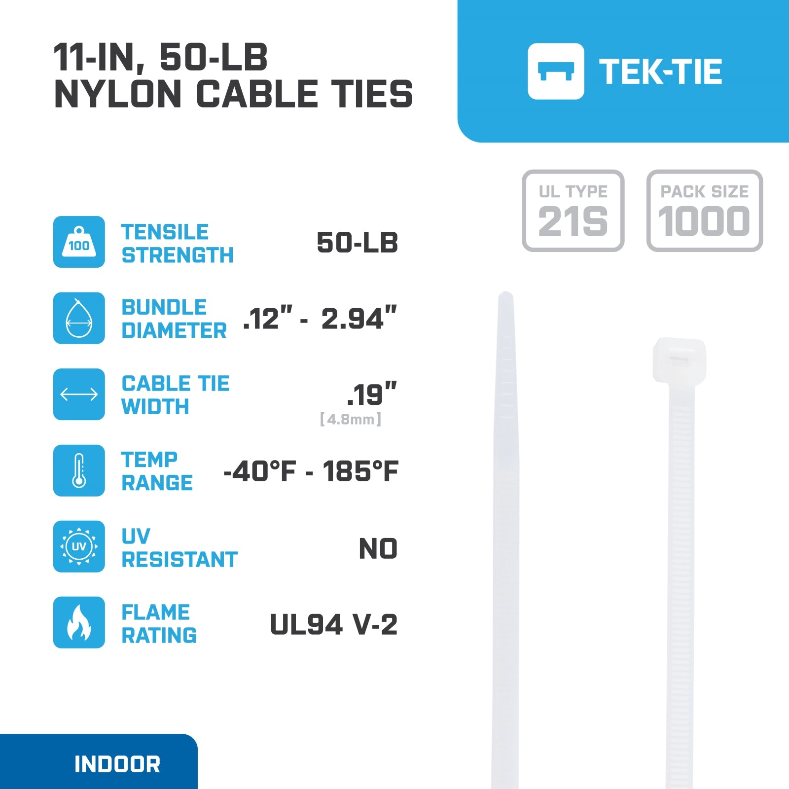 11-inch Natural Multi-Purpose Cable Tie, 50-lb Tensile Strength, UL 21S Listed, 1000-Pack