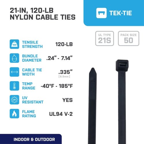 21-inch UV Resistant Black Multi-Purpose Cable Tie, 120-lb Tensile Strength, UL 21S Listed, 100-Pack