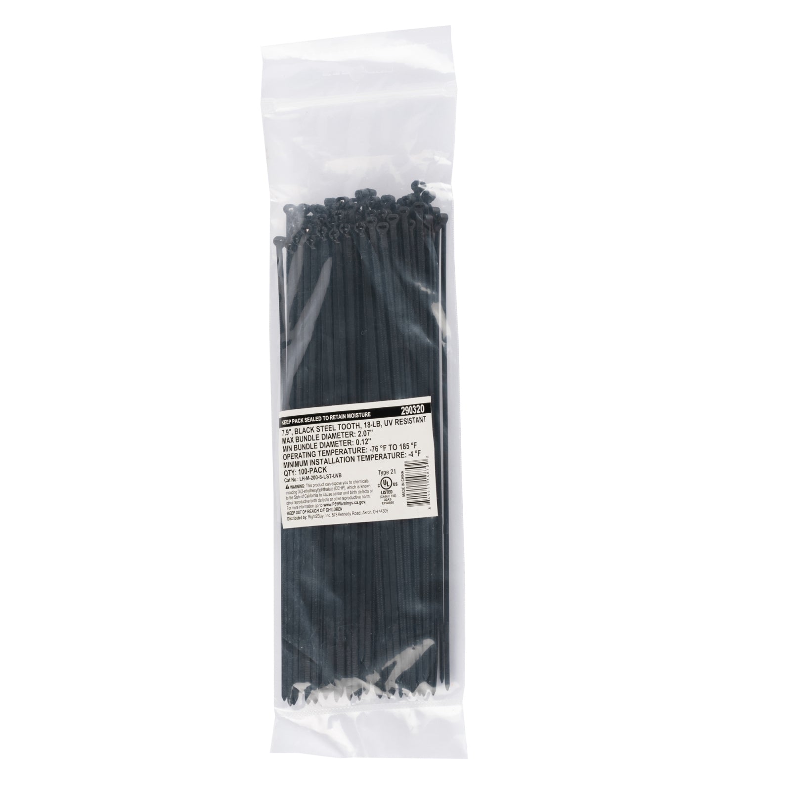 7.9-inch UV Resistant Black Steel Tooth Cable Ties, 18-lb Tensile Strength, UL 21 Listed, 100-Pack