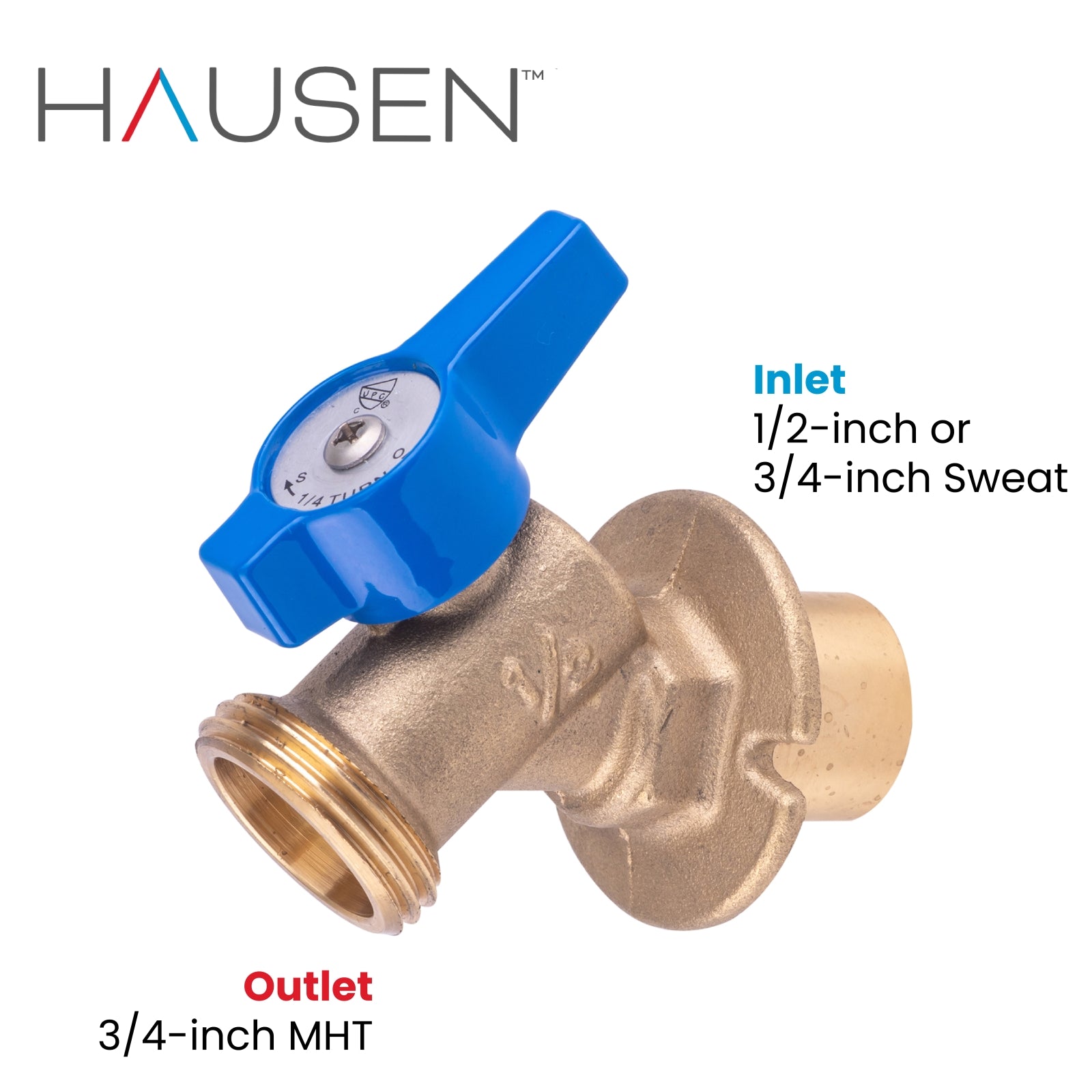 Hausen 1/2-inch or 3/4-inch Spigot Sweat x 3/4-inch MHT (Male Hose Thread) Brass Sillcock Valve with 1/4-Turn Lever Handle Shutoff; cUPC Certified, Compatible with Standard Garden Hoses, 1-Pack