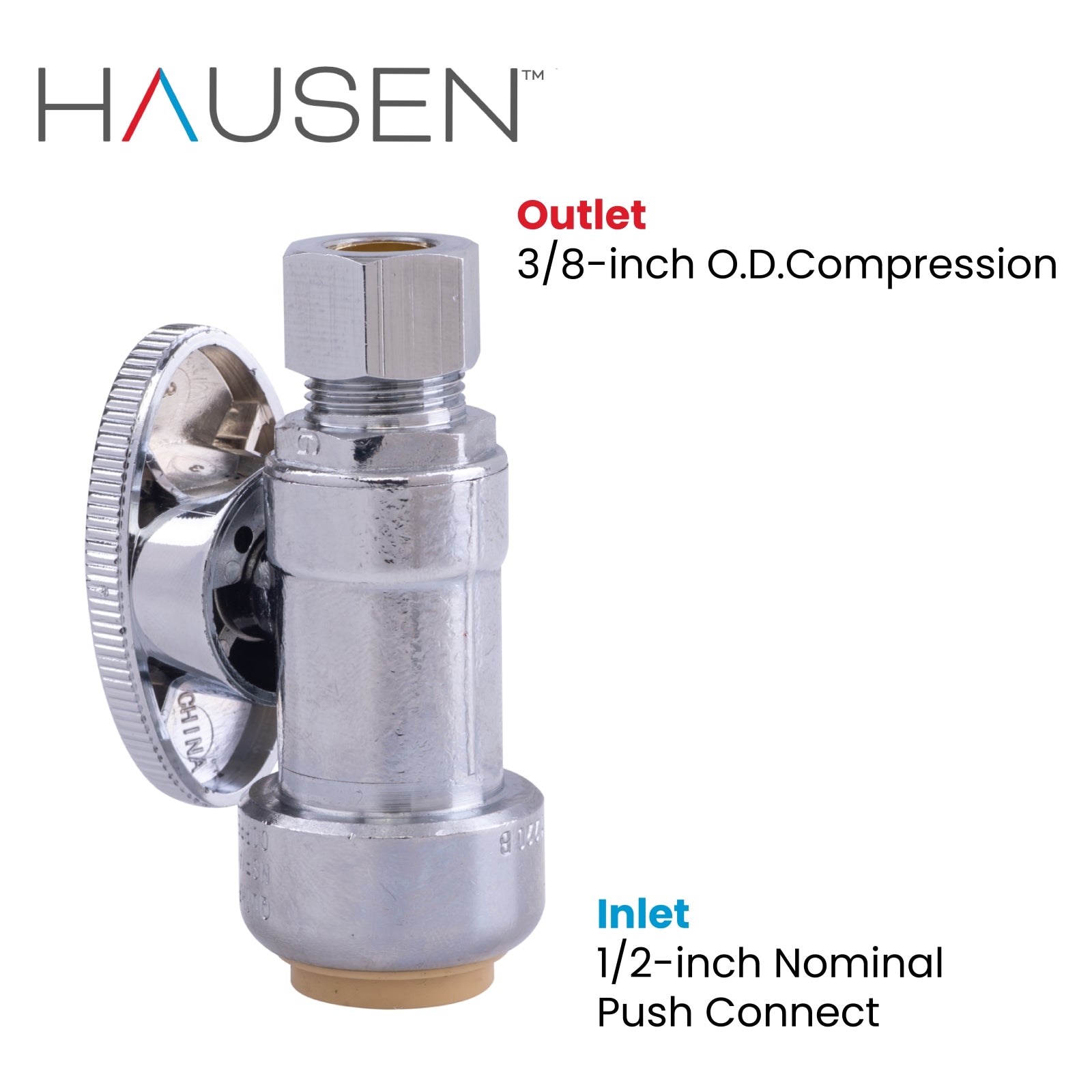 Hausen 1/2-inch Nominal Push Connect Inlet x 3/8-inch O.D. Compression Outlet 1/4-Turn Straight Water Stop; Lead-Free Forged Brass; Chrome-Plated; Compatible with Copper, CPVC and PEX Piping, 1-Pack