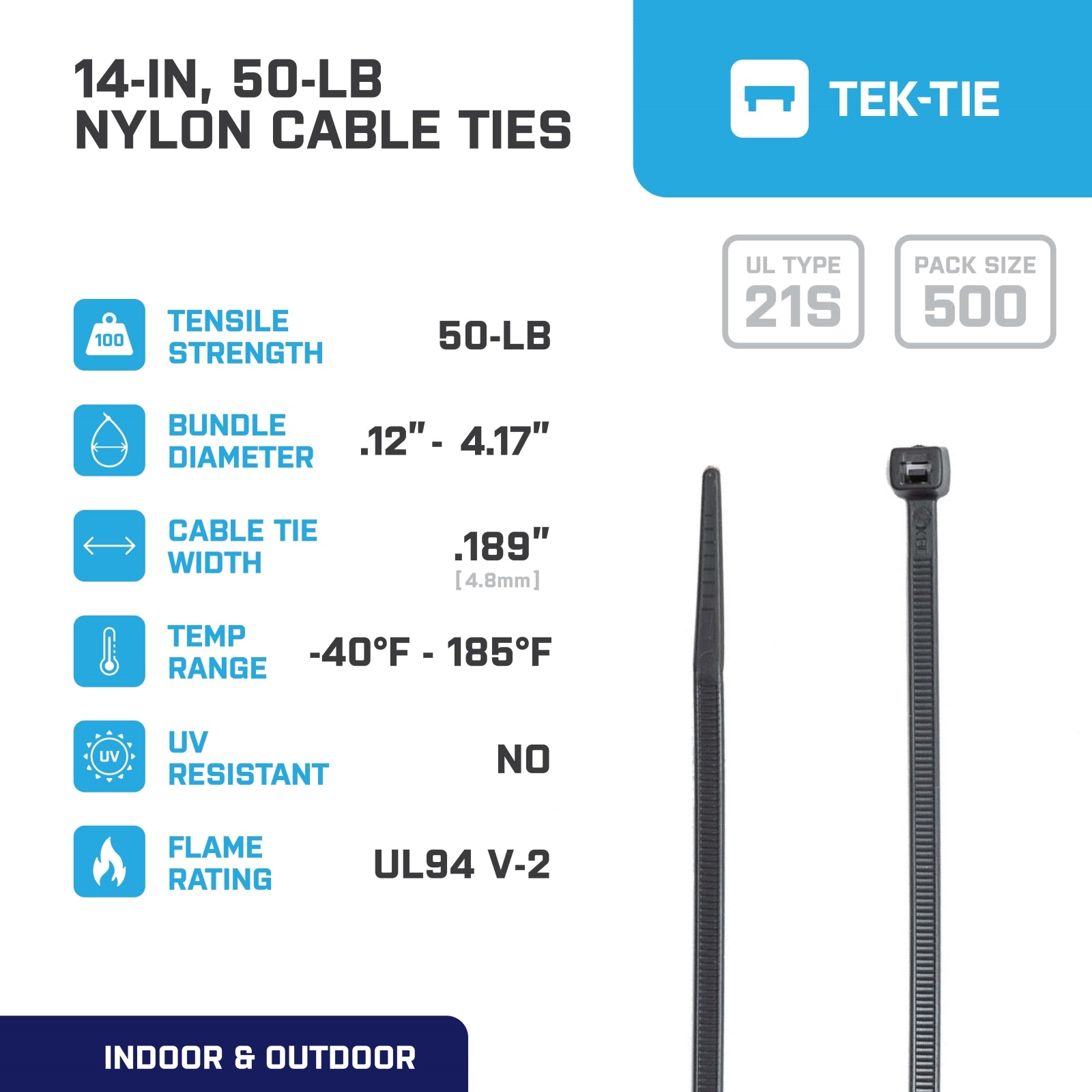 14-inch Black Multi-Purpose Cable Tie, 50-lb Tensile Strength, UL 21S Listed, 500-Pack