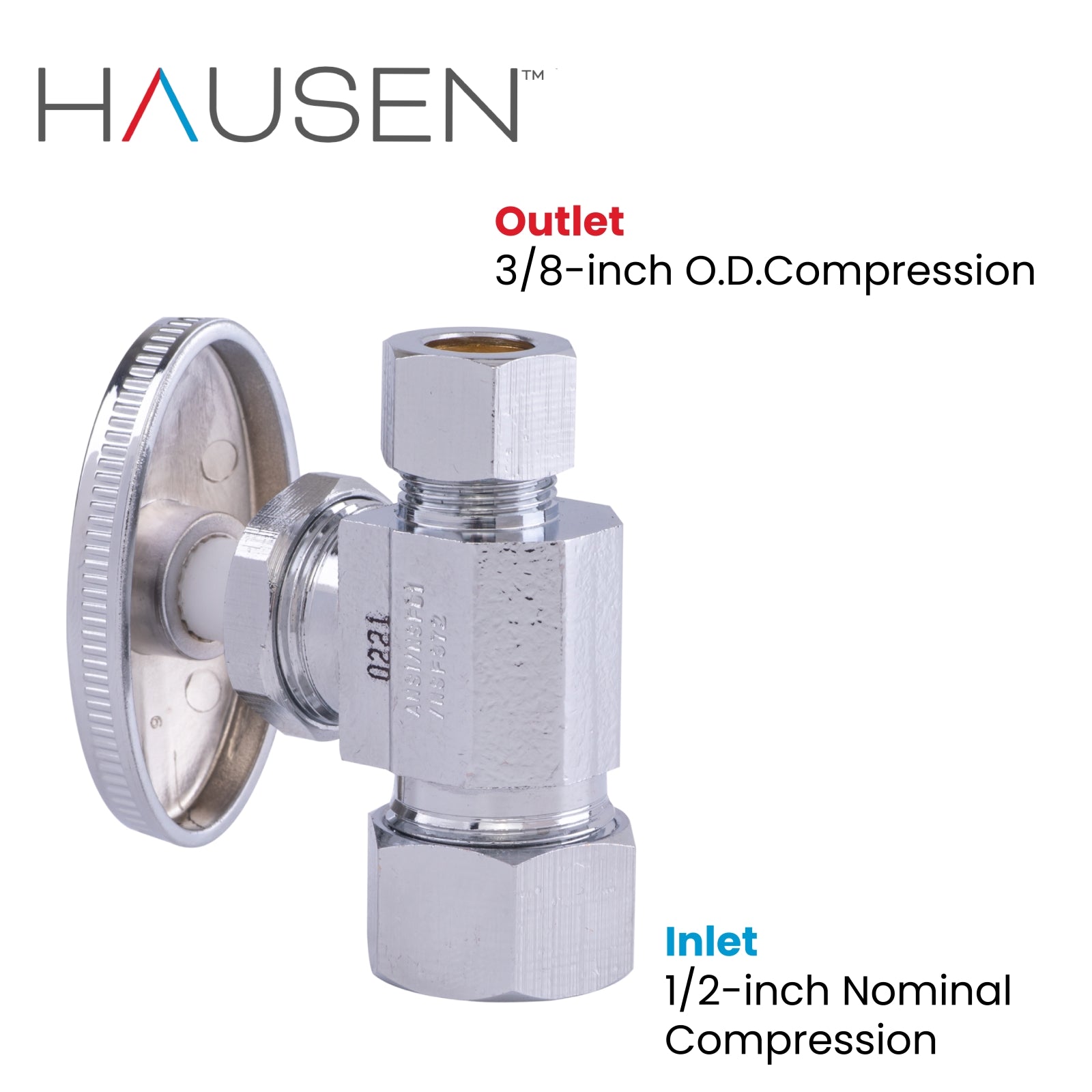 Hausen 1/2-inch Nominal Compression Inlet x 3/8-inch O.D. Compression Outlet Multi-Turn Straight Water Stop; Lead-Free Forged Brass; Chrome-Plated; Compatible with Copper Piping, 1-Pack