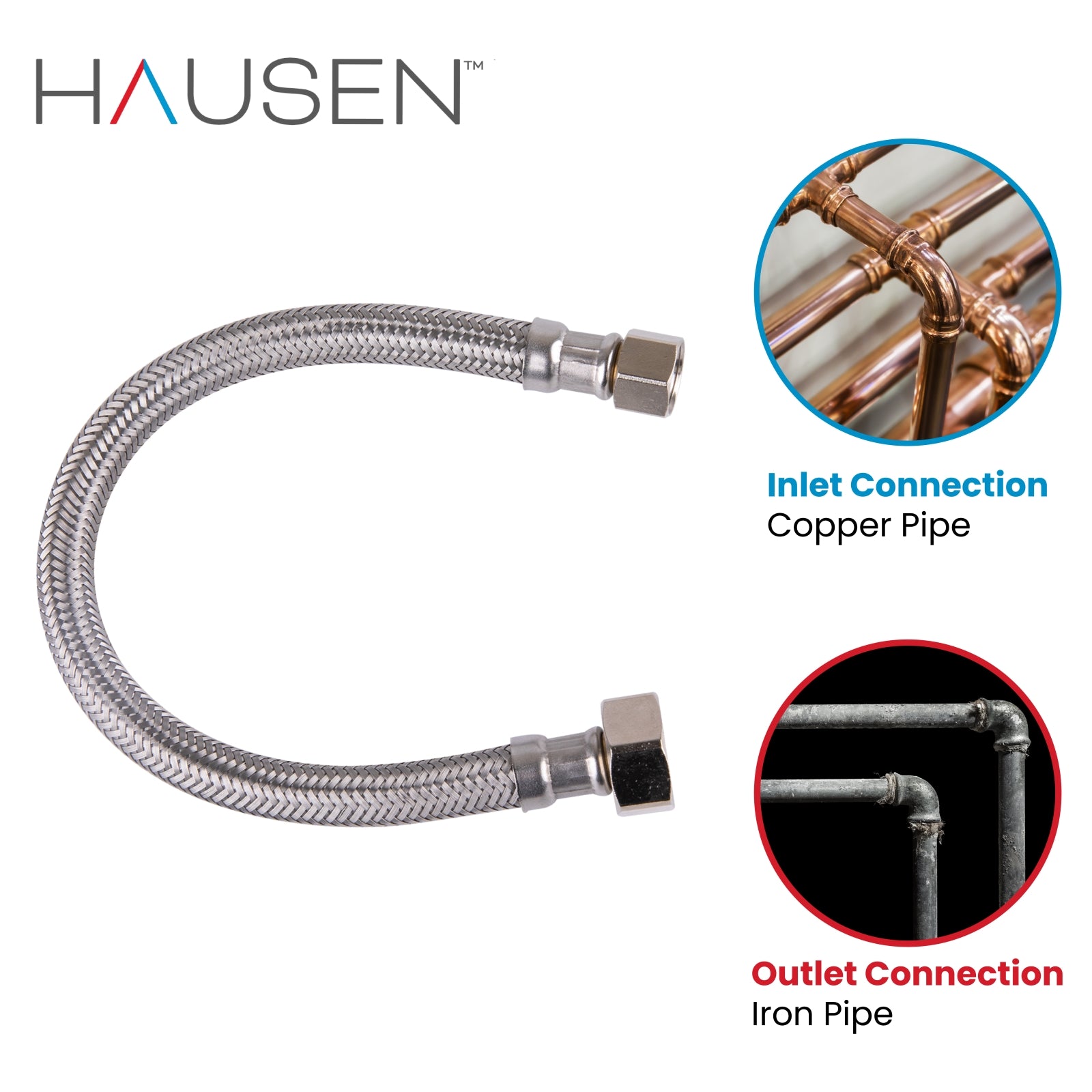 Hausen 3/8-inch Compression x 1/2-inch FIP (Female Iron Pipe) x 12-inch Length Stainless Steel Faucet Water Supply Connector; Lead Free; cUPC and NSF-61 Certified; Compatible with Standard Faucets, 2-Pack