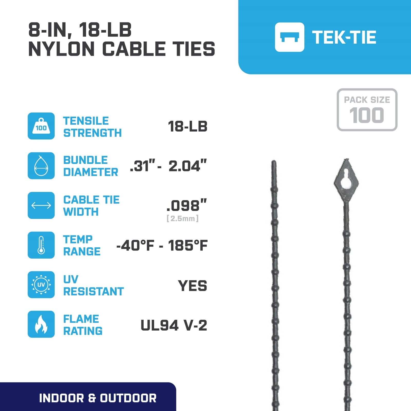 8-inch UV Resistant Black Beaded Cable Tie, 18-lb Tensile Strength, 100-Pack