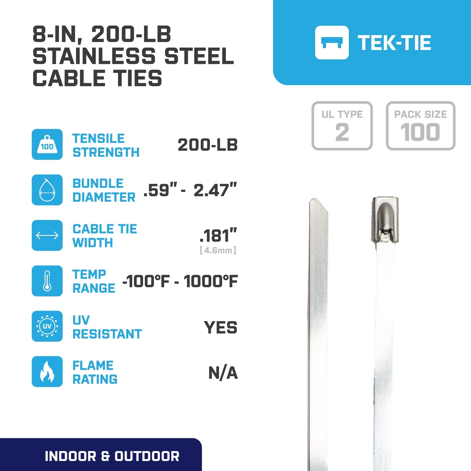 8-inch UV Resistant Stainless Steel Cable Tie, 200-lb Tensile Strength, UL 2 Listed 100-Pack