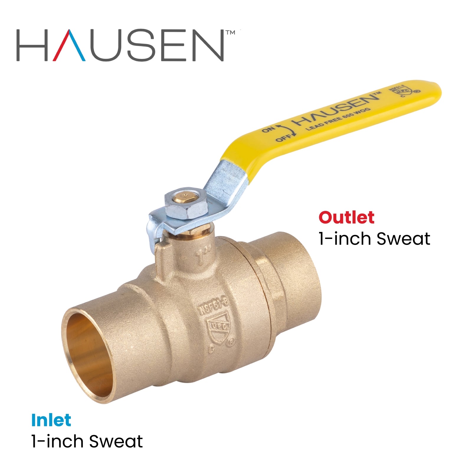 Hausen 1-inch Sweat x 1-inch Sweat Full Port Brass Ball Valve; Lead Free Forged Brass; Blowout Resistant Stem; cUPC/ANSI/NSF Certified; For Use in Potable Water Distribution Systems, 1-Pack