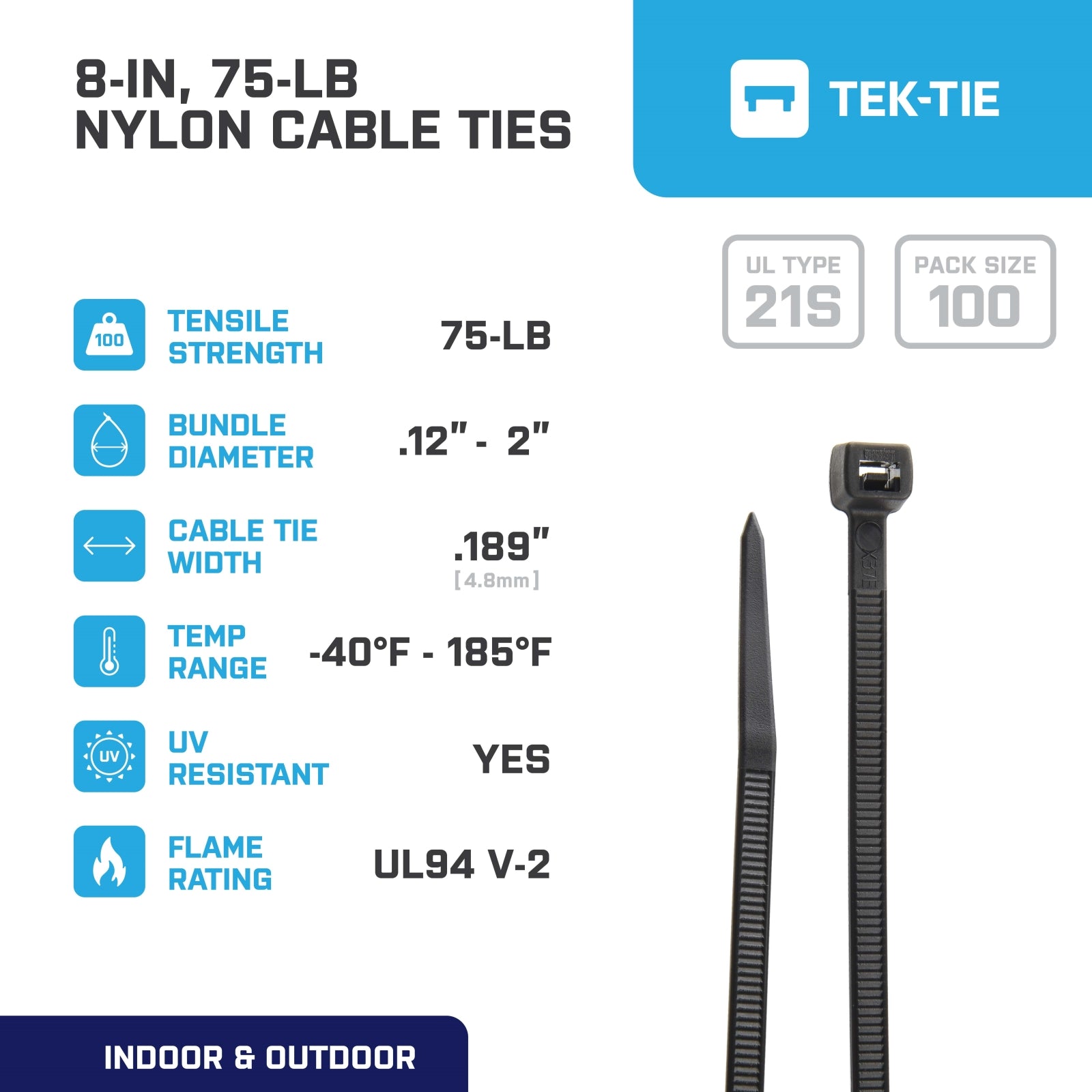 8-inch UV Resistant Black Sharp Tip Cable Tie, 75-lb Tensile Strength, UL 21S Listed, 100-Pack