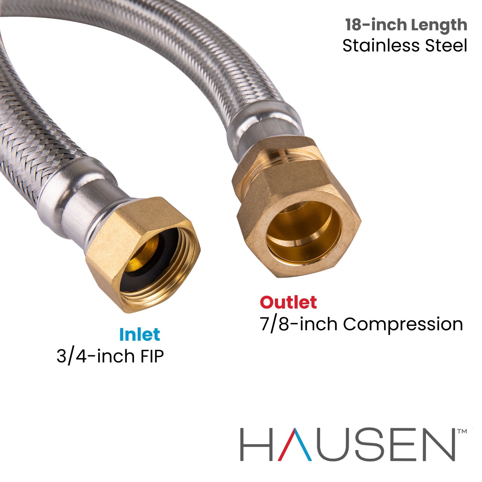 Hausen 3/4-inch FIP (Female Iron Pipe) x 7/8-inch Compression x 18-inch Length Stainless Steel Water Heater Supply Connector; Lead Free; cUPC and NSF-61 Certified; For Hydronic Heating Applications, 1-Pack