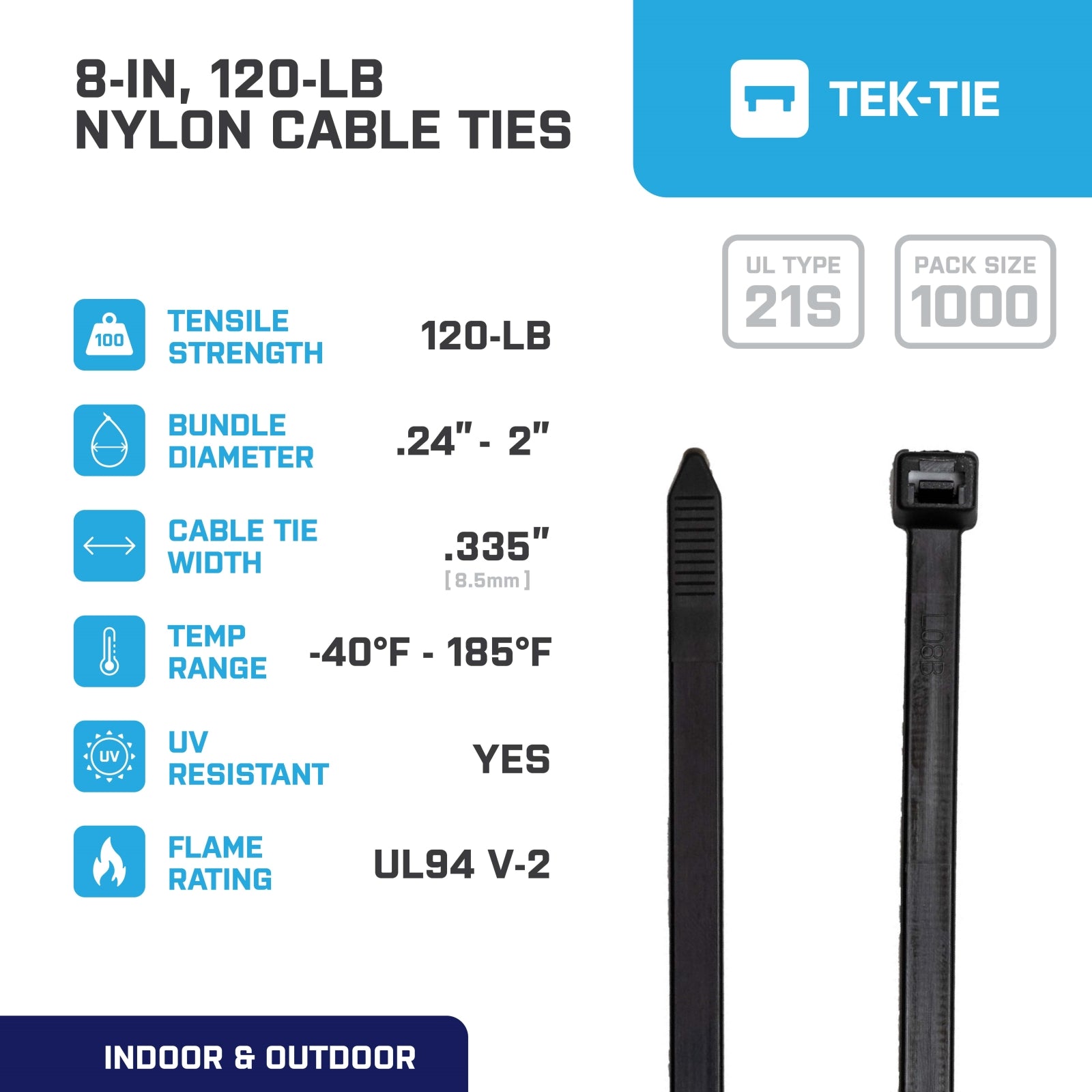 8-inch UV Resistant Black Multi-Purpose Cable Tie, 120-lb Tensile Strength, UL 21S Listed, 1000-Pack