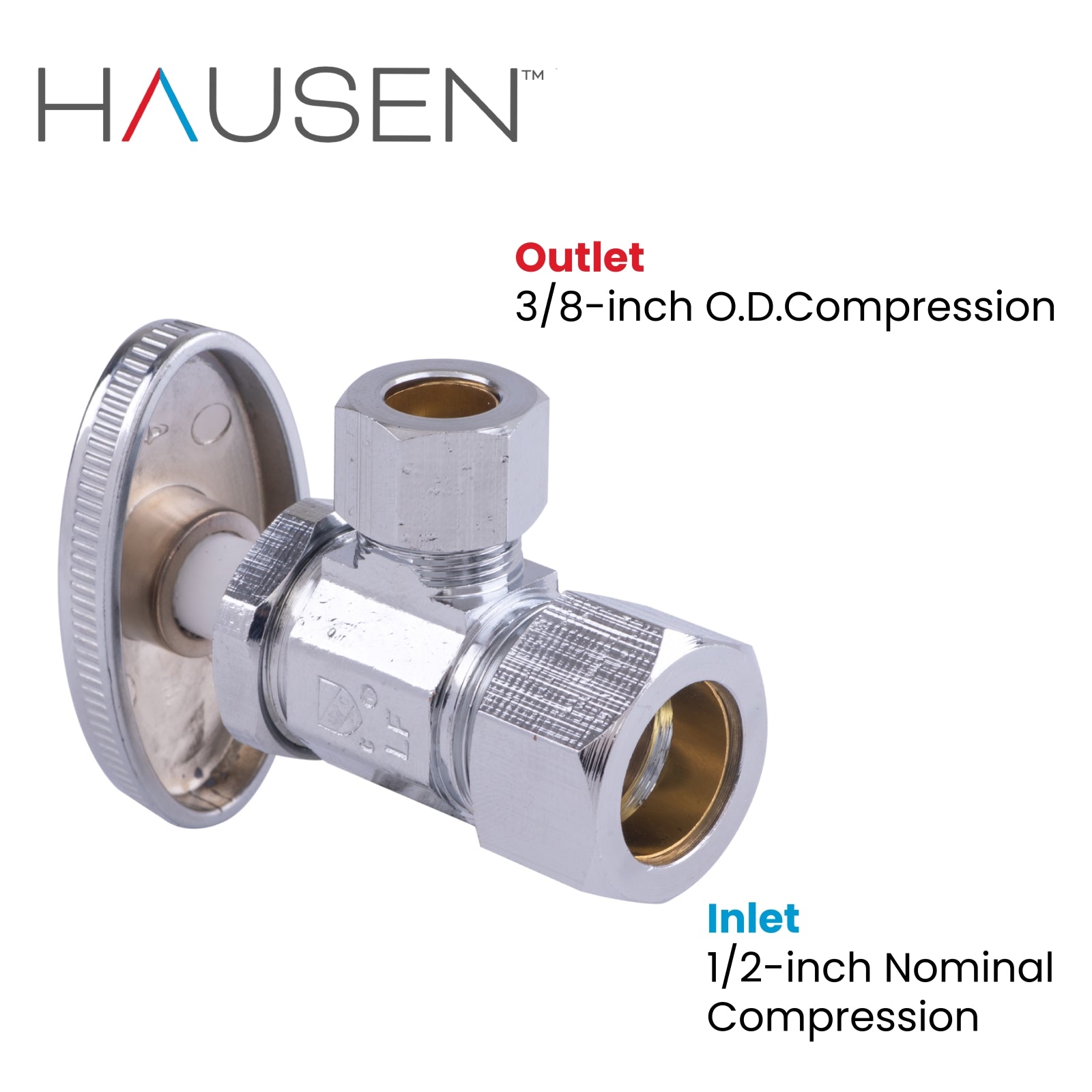 Hausen 1/2-inch Nominal Compression Inlet x 3/8-inch O.D. Compression Outlet Multi-Turn Angle Water Stop; Lead-Free Forged Brass; Chrome-Plated; Compatible with Copper Piping, 1-Pack