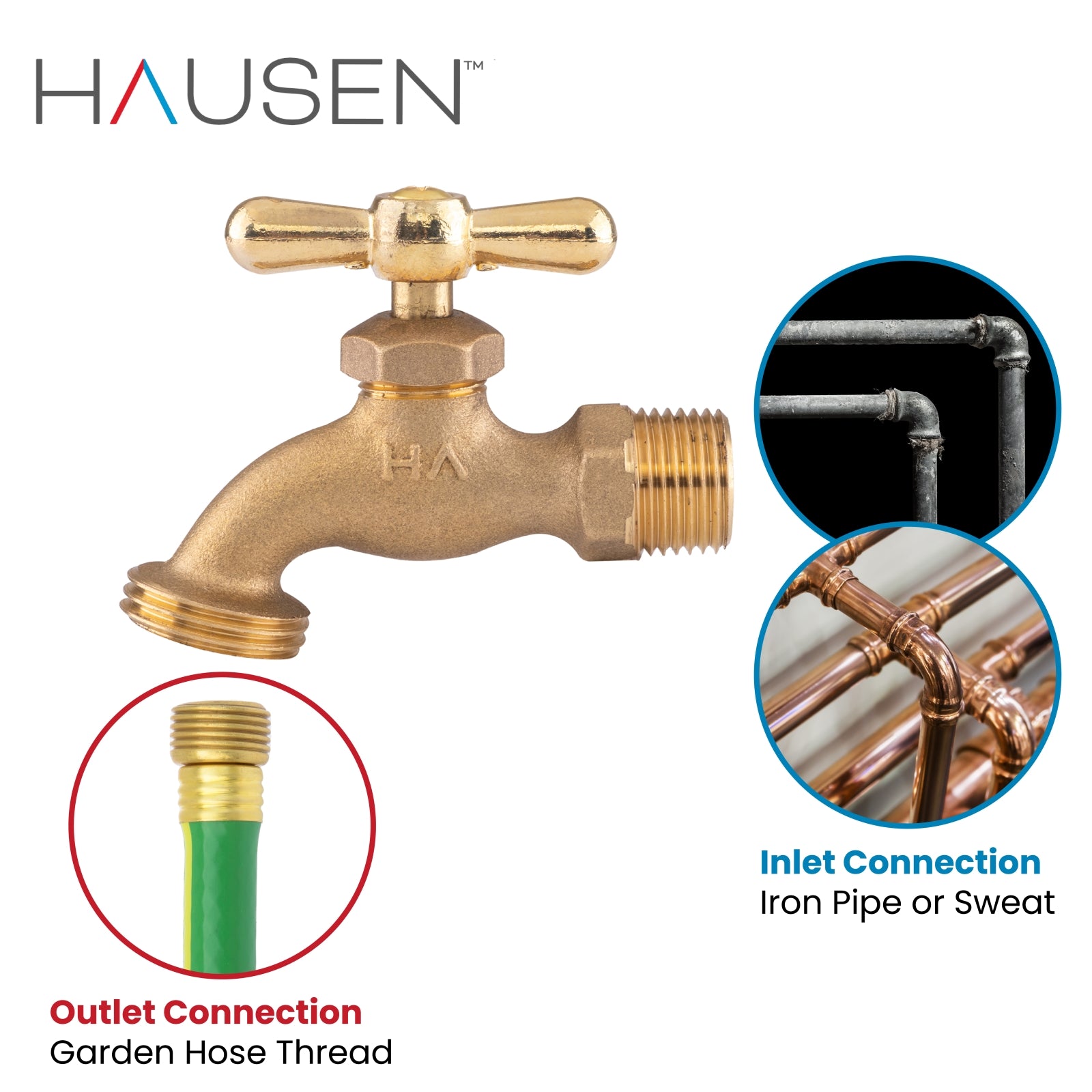 Hausen 1/2-inch MIP (Male Iron Pipe) or 1/2-inch Sweat x 3/4-inch MHT (Male Hose Thread) Brass Hose Bibb Valve with Tee Handle Shutoff; cUPC Certified, Compatible with Standard Garden Hoses, 1-pack