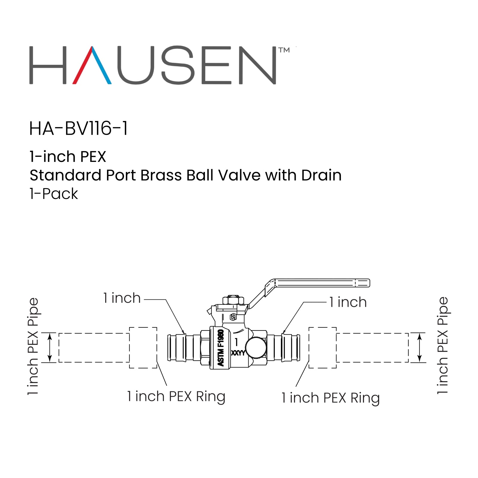 Hausen 1-inch PEX Standard Port Brass Ball Valve with Drain; Lead Free Forged Brass; Blowout Resistant Stem; cUPC/ANSI/NSF Certified; For Use in Potable Water, Oil and Gas Distribution Systems, 1-Pack